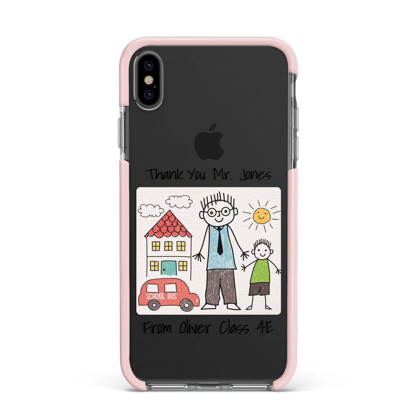 Personalised Kids Drawing Thank You Teacher Apple iPhone Xs Max Impact Case Pink Edge on Black Phone