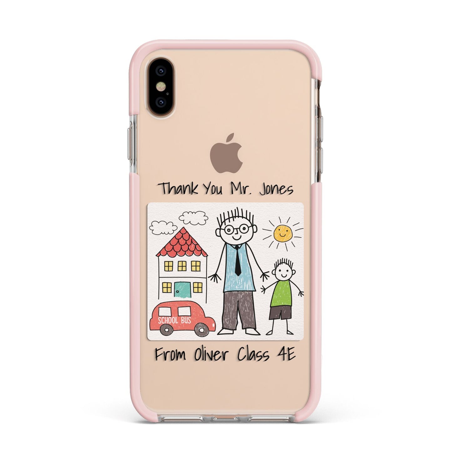 Personalised Kids Drawing Thank You Teacher Apple iPhone Xs Max Impact Case Pink Edge on Gold Phone