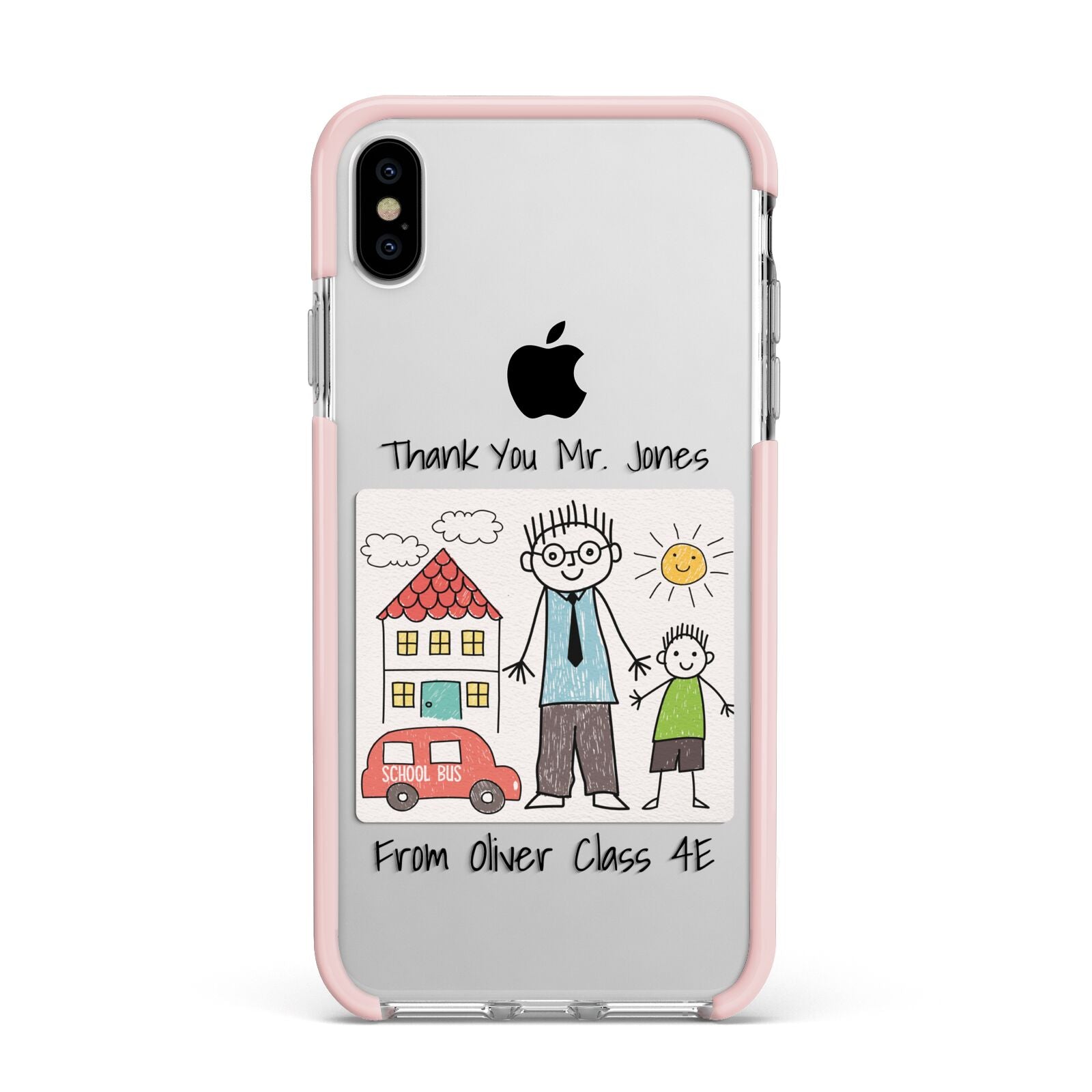 Personalised Kids Drawing Thank You Teacher Apple iPhone Xs Max Impact Case Pink Edge on Silver Phone