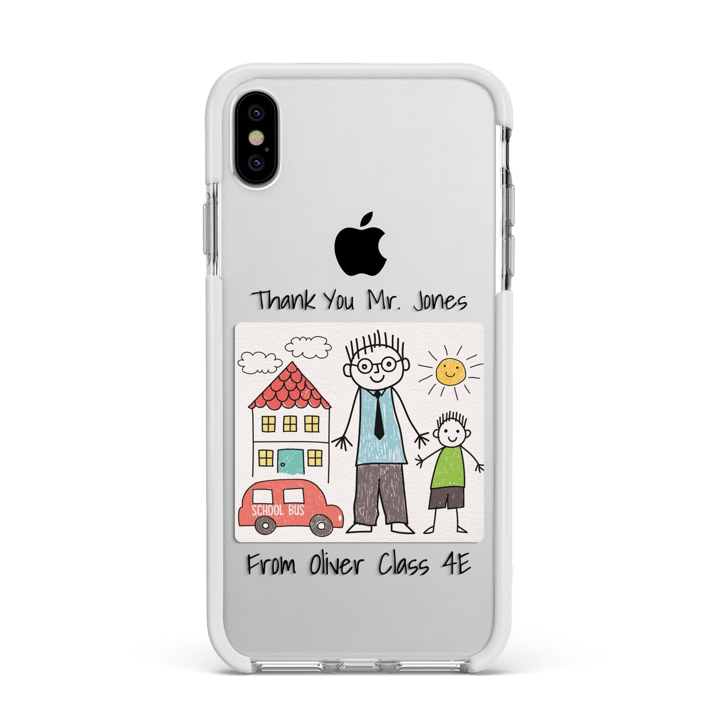 Personalised Kids Drawing Thank You Teacher Apple iPhone Xs Max Impact Case White Edge on Silver Phone