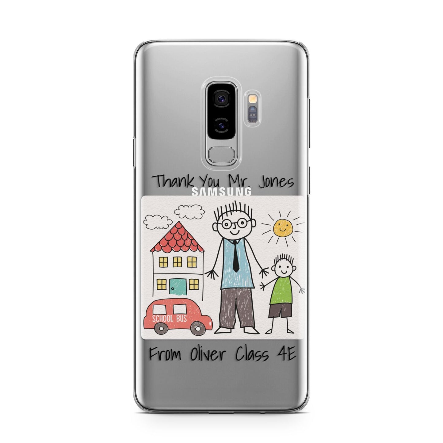 Personalised Kids Drawing Thank You Teacher Samsung Galaxy S9 Plus Case on Silver phone