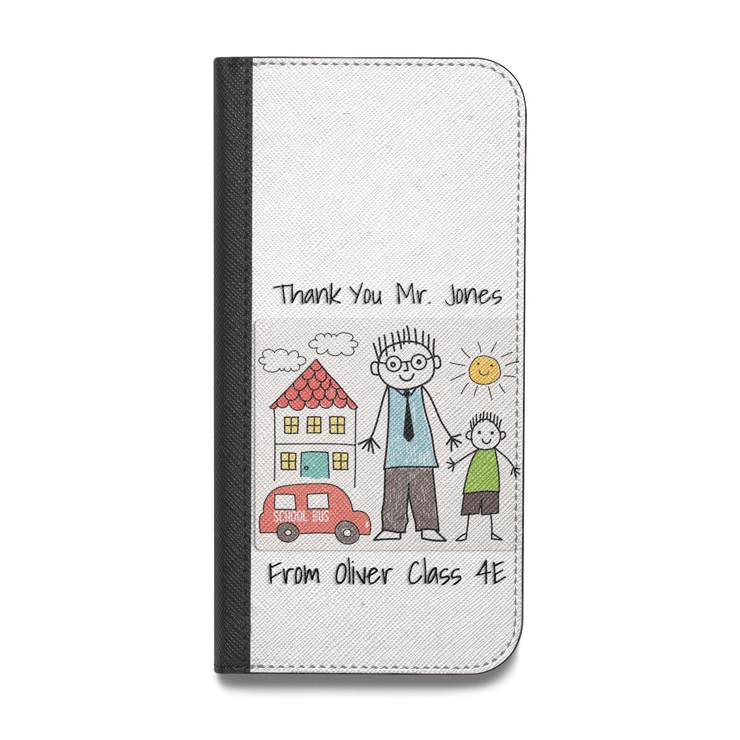 Personalised Kids Drawing Thank You Teacher Vegan Leather Flip iPhone Case