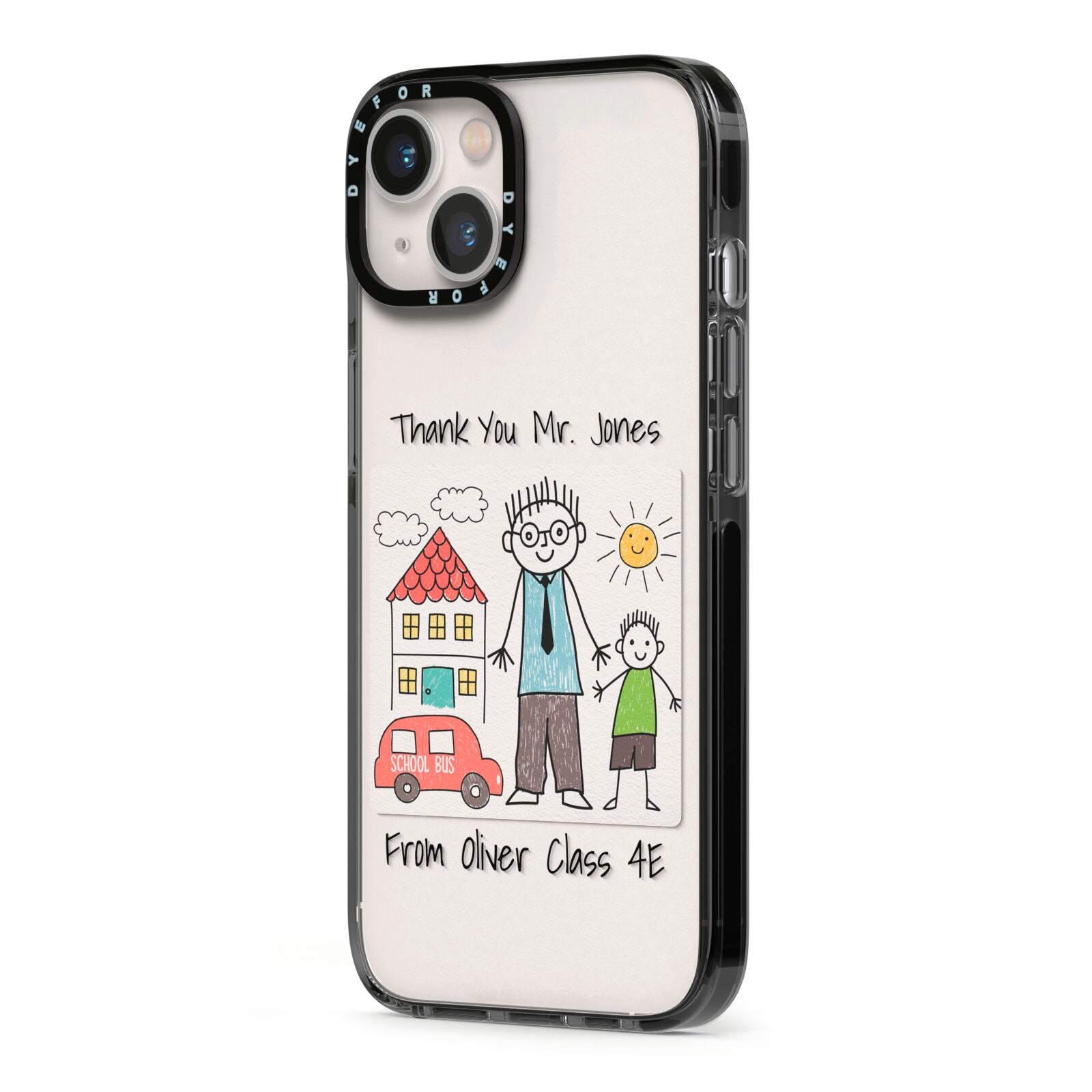 Personalised Kids Drawing Thank You Teacher iPhone 13 Black Impact Case Side Angle on Silver phone