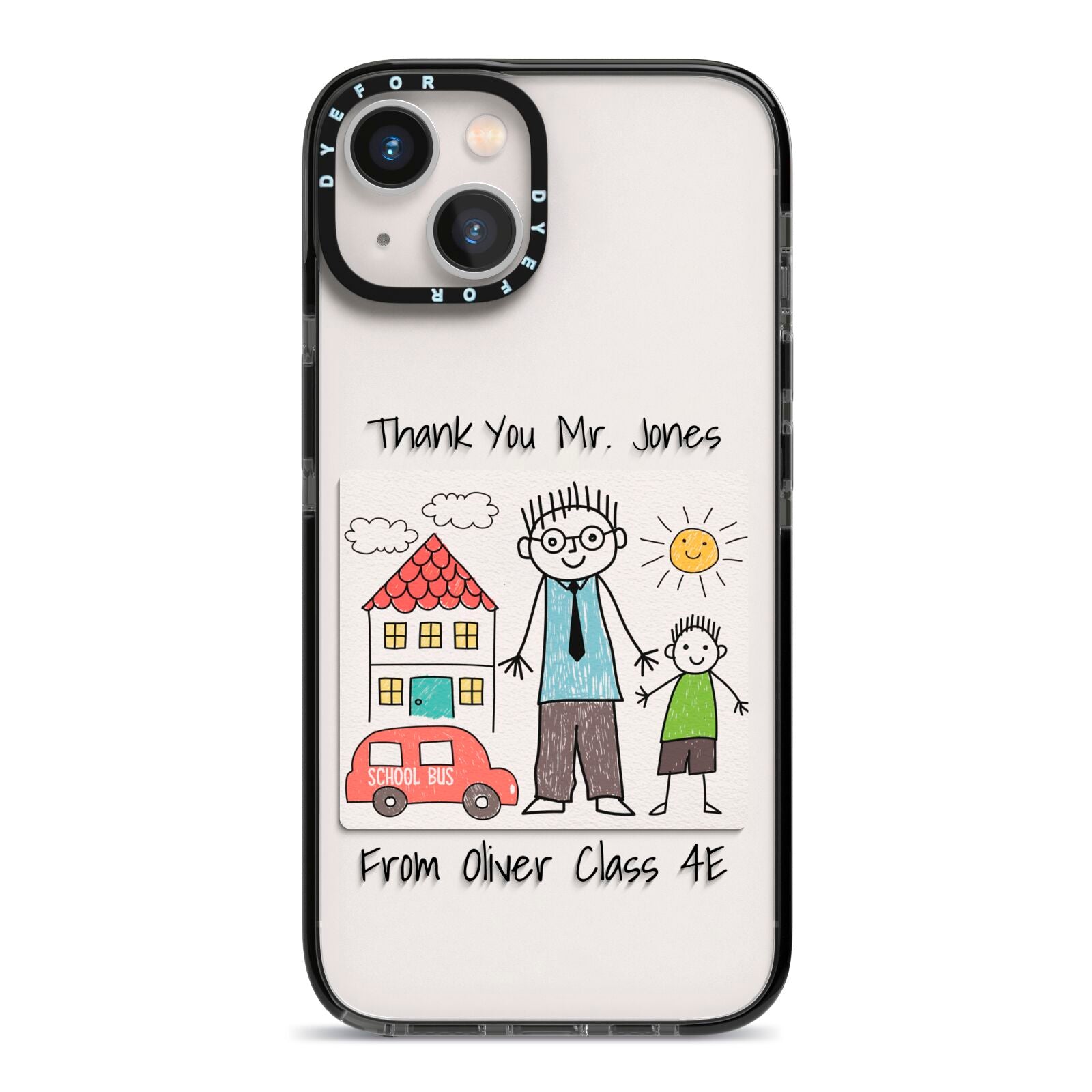 Personalised Kids Drawing Thank You Teacher iPhone 13 Black Impact Case on Silver phone