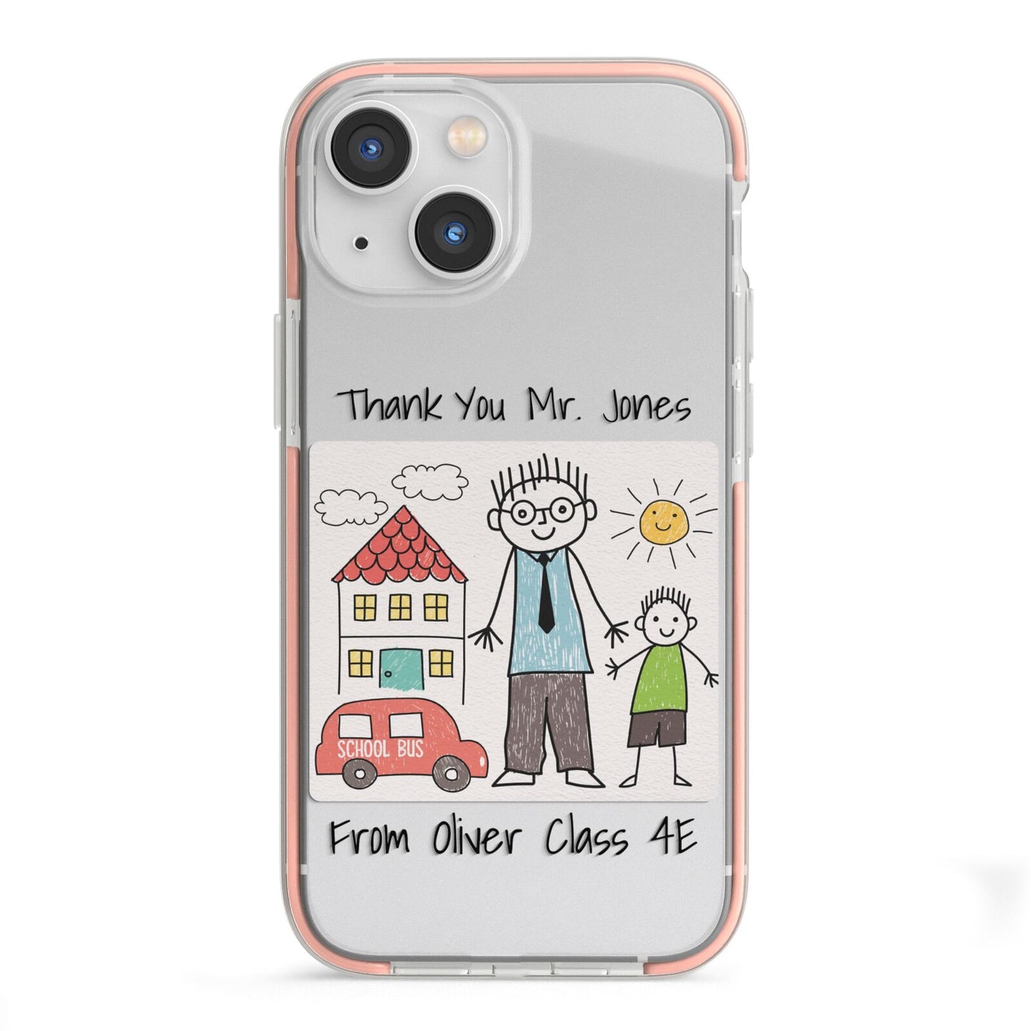 Personalised Kids Drawing Thank You Teacher iPhone 13 Mini TPU Impact Case with Pink Edges