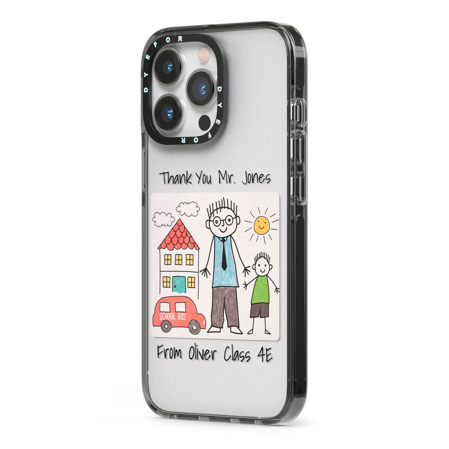 Personalised Kids Drawing Thank You Teacher iPhone 13 Pro Black Impact Case Side Angle on Silver phone