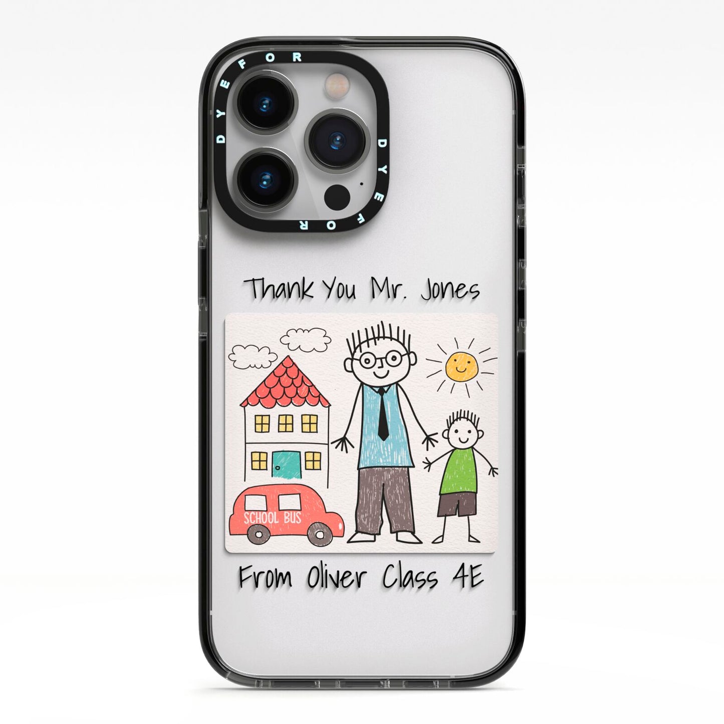 Personalised Kids Drawing Thank You Teacher iPhone 13 Pro Black Impact Case on Silver phone