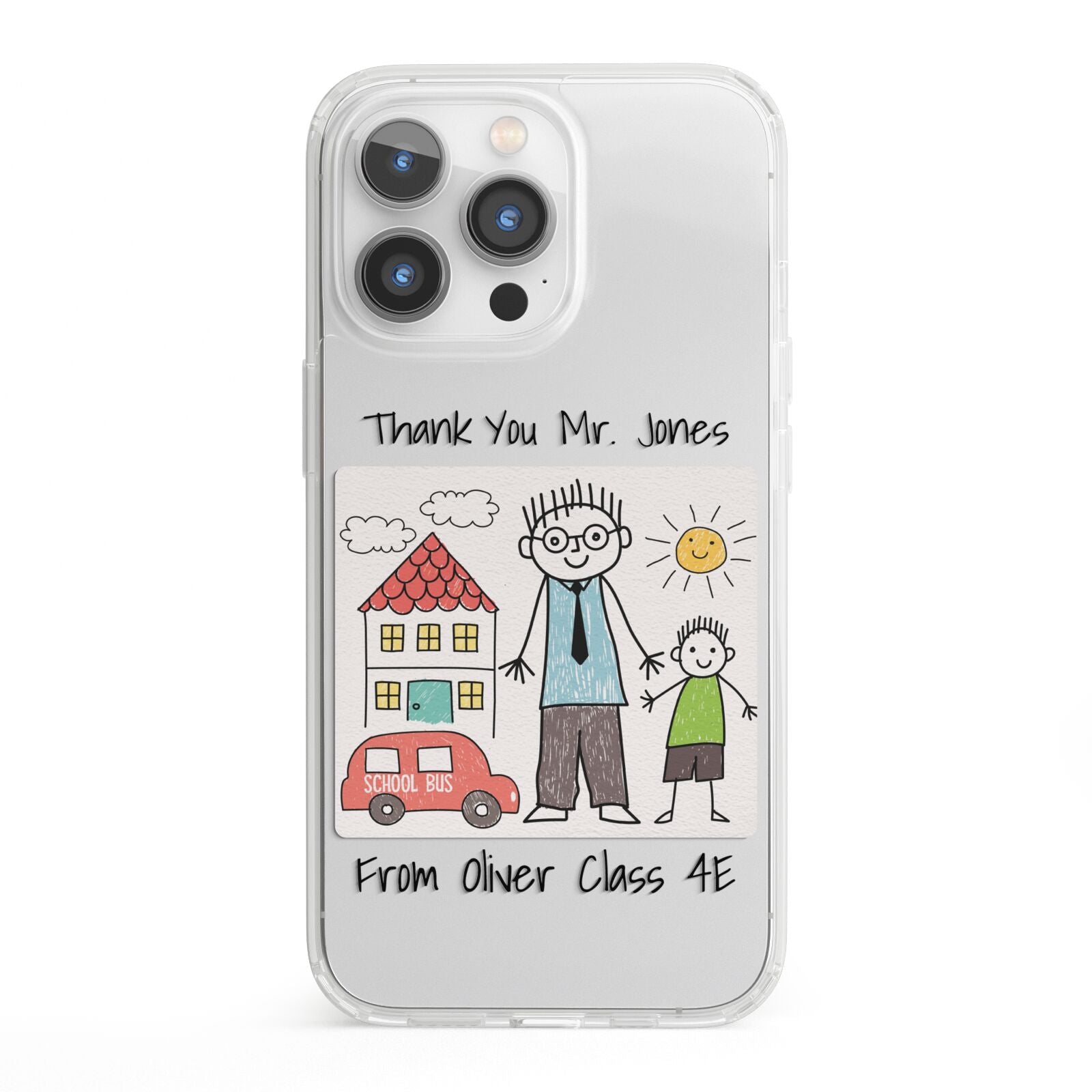 Personalised Kids Drawing Thank You Teacher iPhone 13 Pro Clear Bumper Case