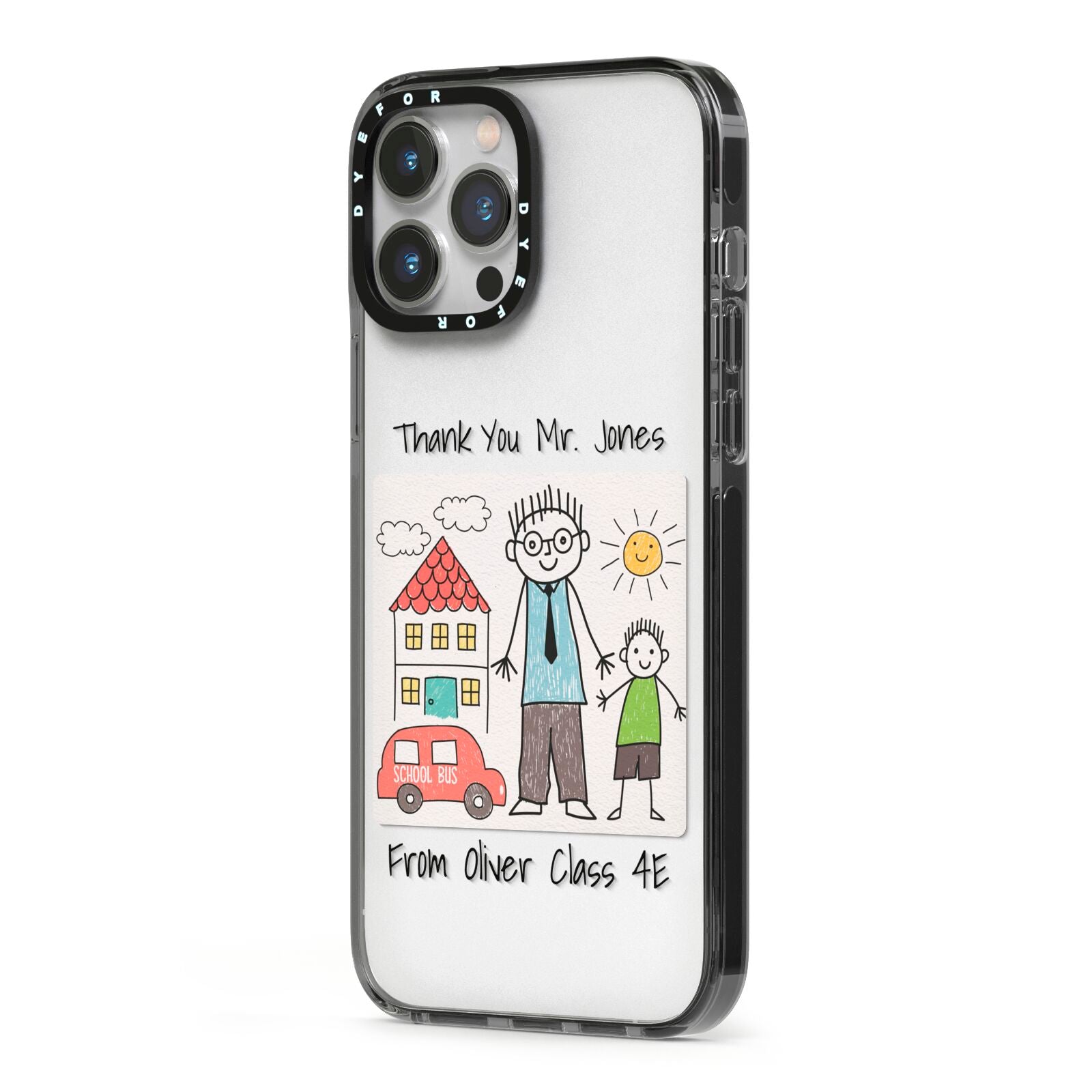 Personalised Kids Drawing Thank You Teacher iPhone 13 Pro Max Black Impact Case Side Angle on Silver phone