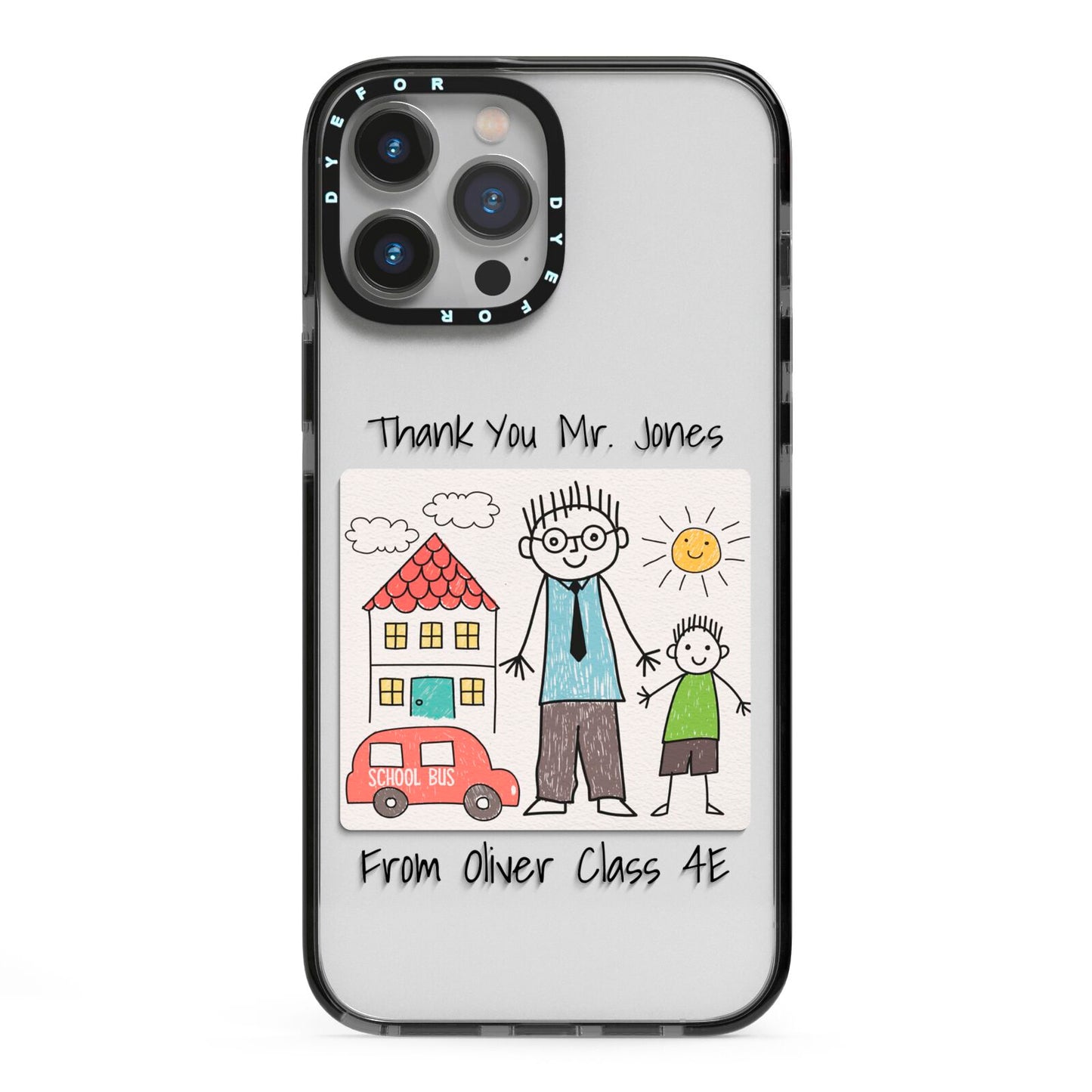 Personalised Kids Drawing Thank You Teacher iPhone 13 Pro Max Black Impact Case on Silver phone