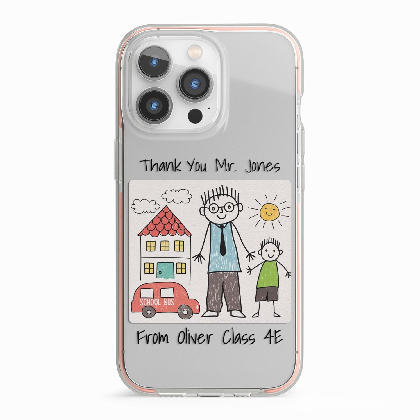 Personalised Kids Drawing Thank You Teacher iPhone 13 Pro TPU Impact Case with Pink Edges