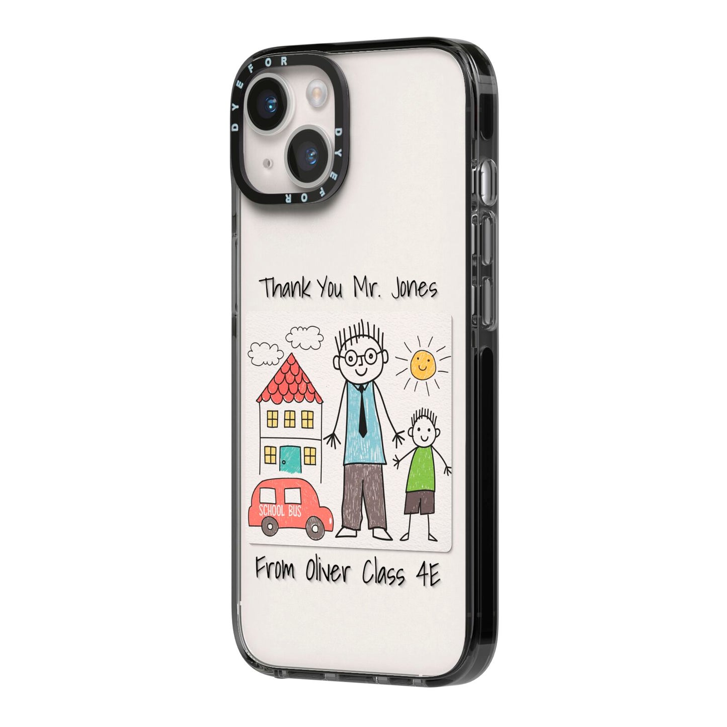 Personalised Kids Drawing Thank You Teacher iPhone 14 Black Impact Case Side Angle on Silver phone