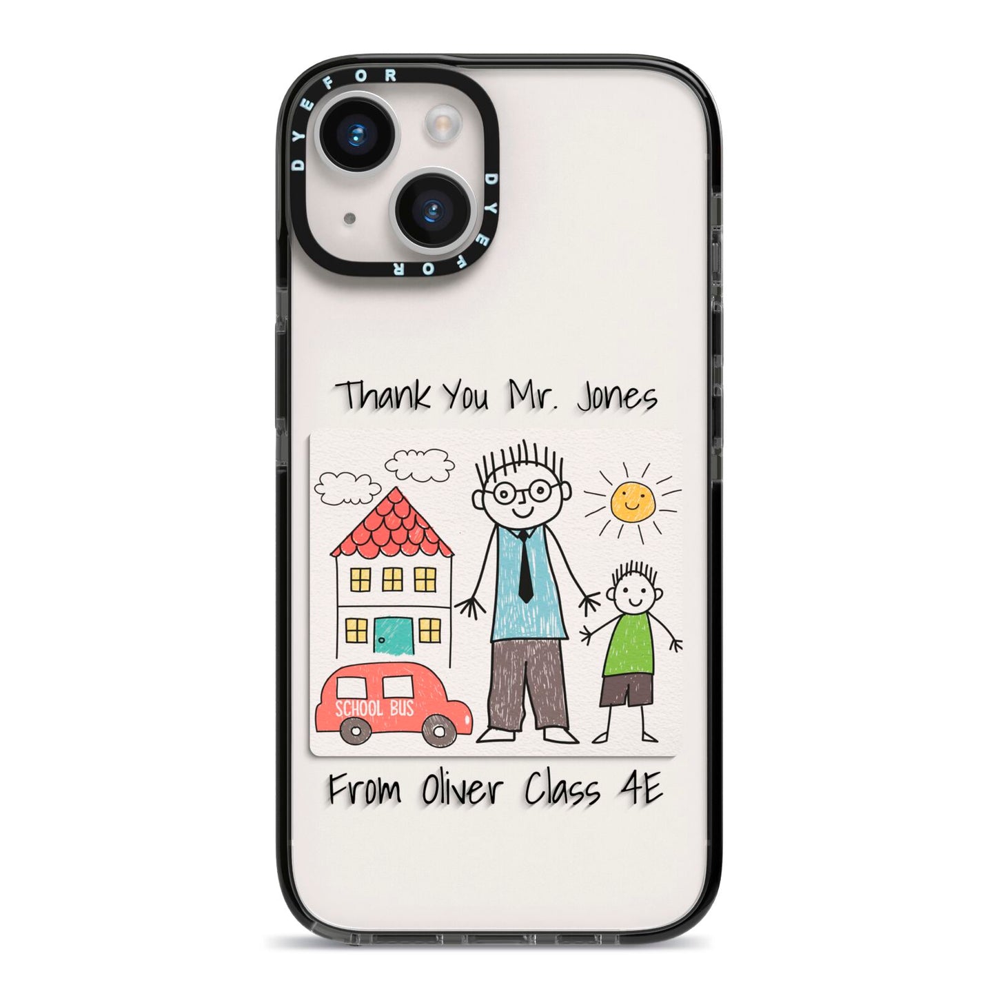 Personalised Kids Drawing Thank You Teacher iPhone 14 Black Impact Case on Silver phone