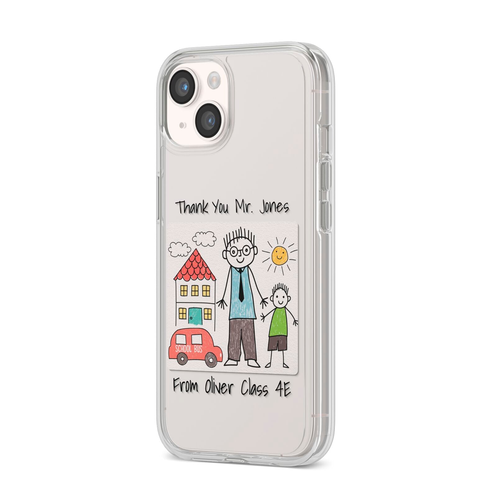 Personalised Kids Drawing Thank You Teacher iPhone 14 Clear Tough Case Starlight Angled Image