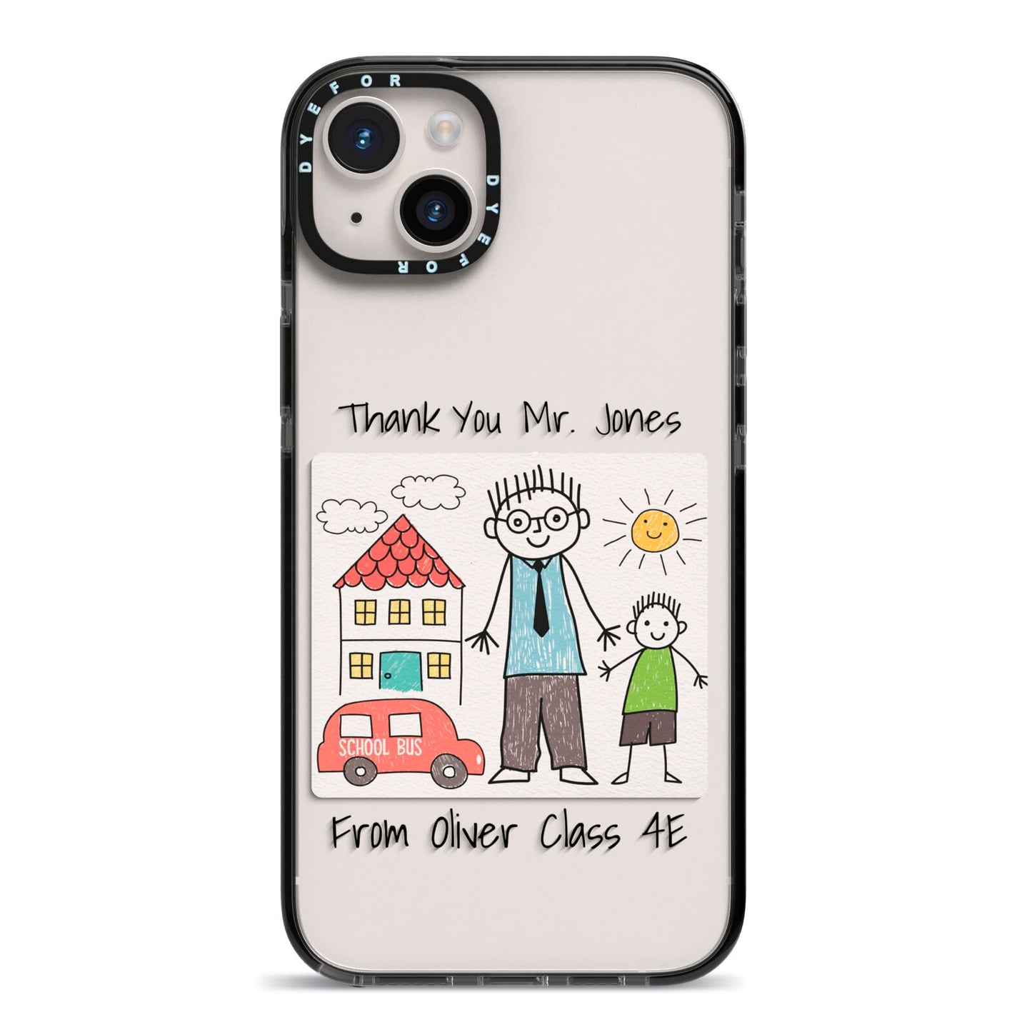 Personalised Kids Drawing Thank You Teacher iPhone 14 Plus Black Impact Case on Silver phone