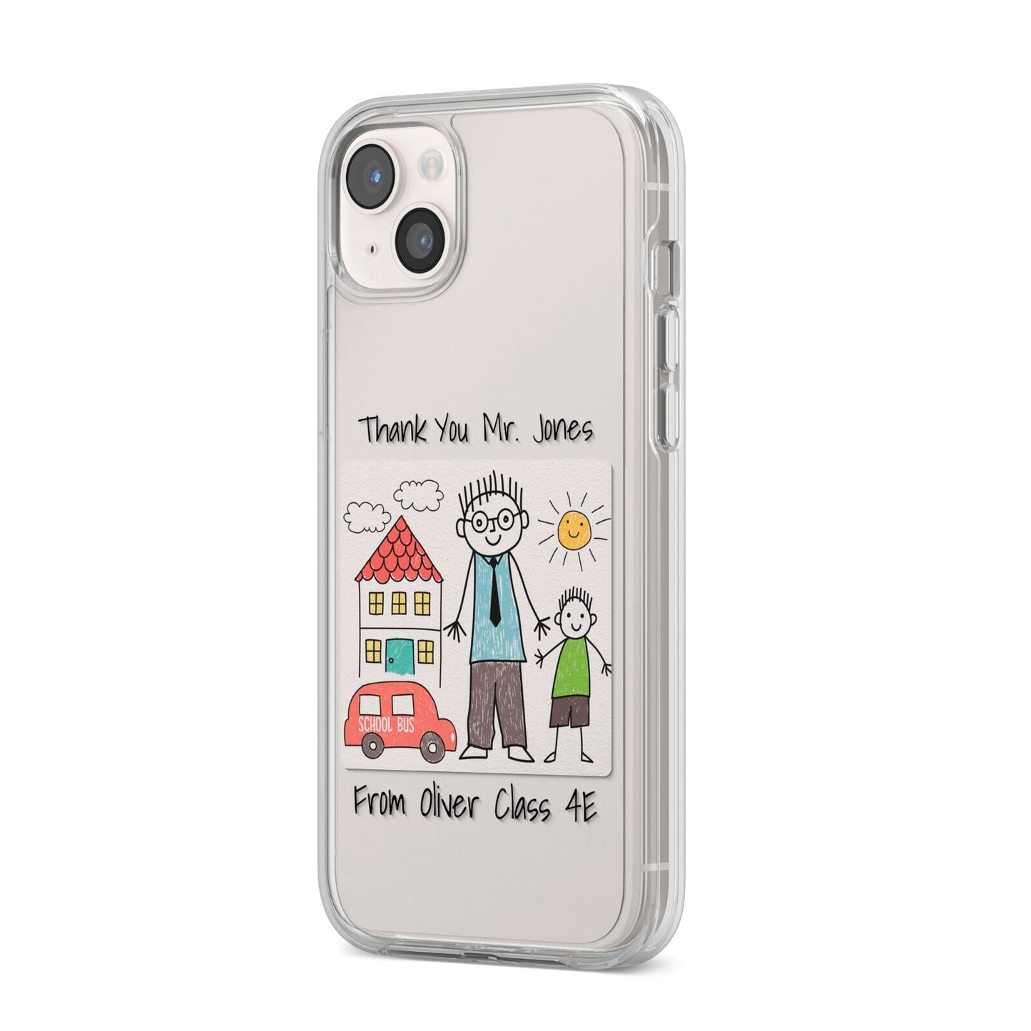 Personalised Kids Drawing Thank You Teacher iPhone 14 Plus Clear Tough Case Starlight Angled Image