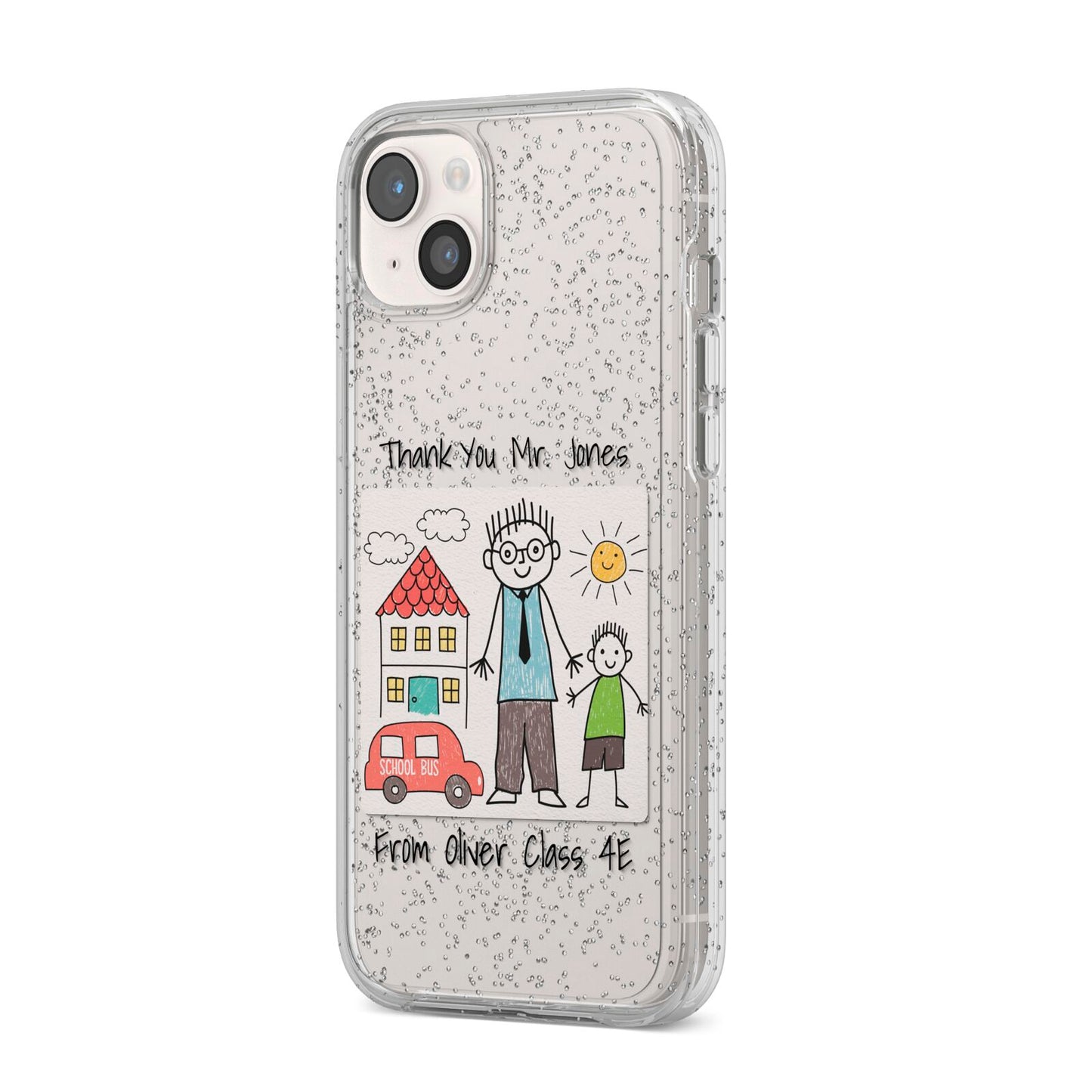 Personalised Kids Drawing Thank You Teacher iPhone 14 Plus Glitter Tough Case Starlight Angled Image