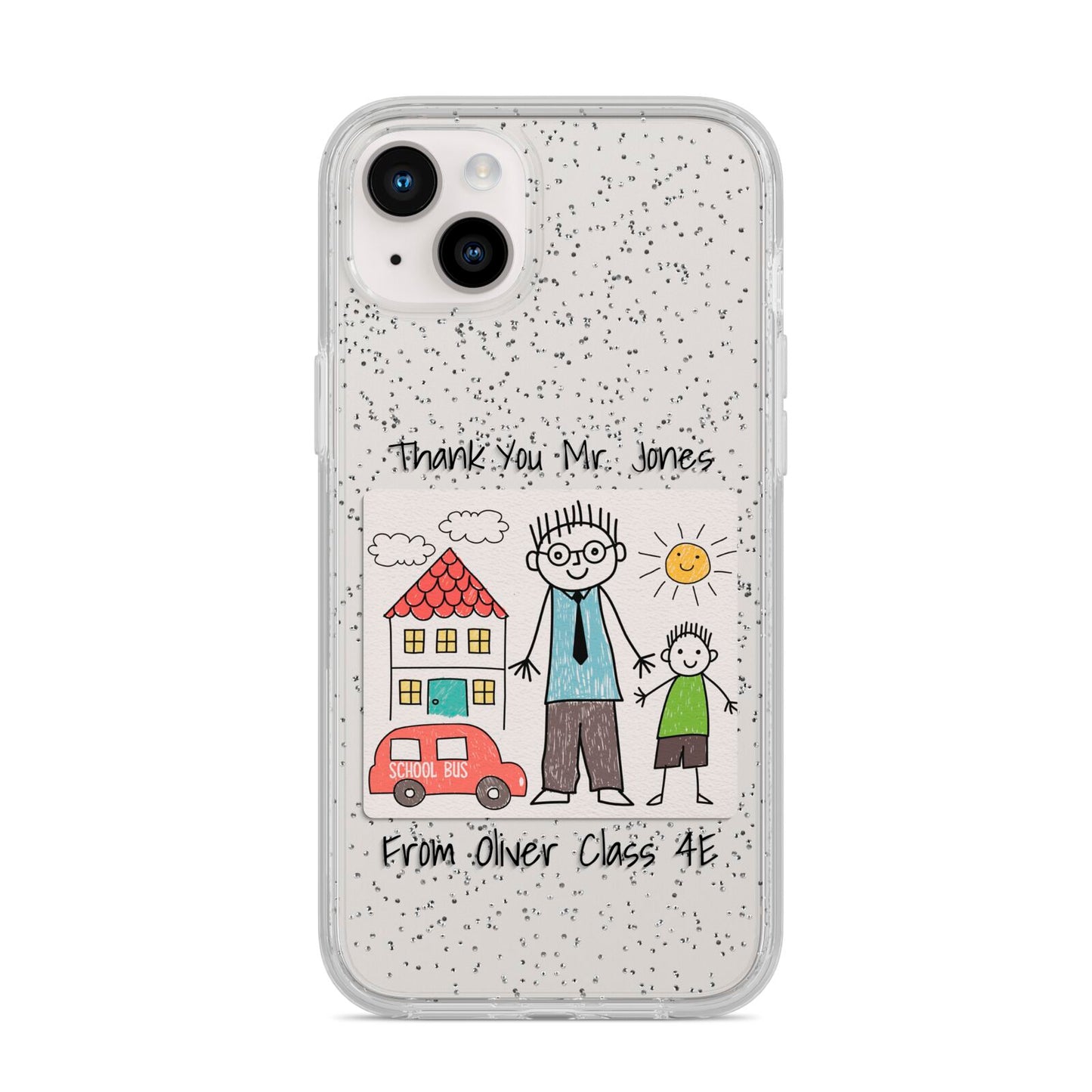 Personalised Kids Drawing Thank You Teacher iPhone 14 Plus Glitter Tough Case Starlight