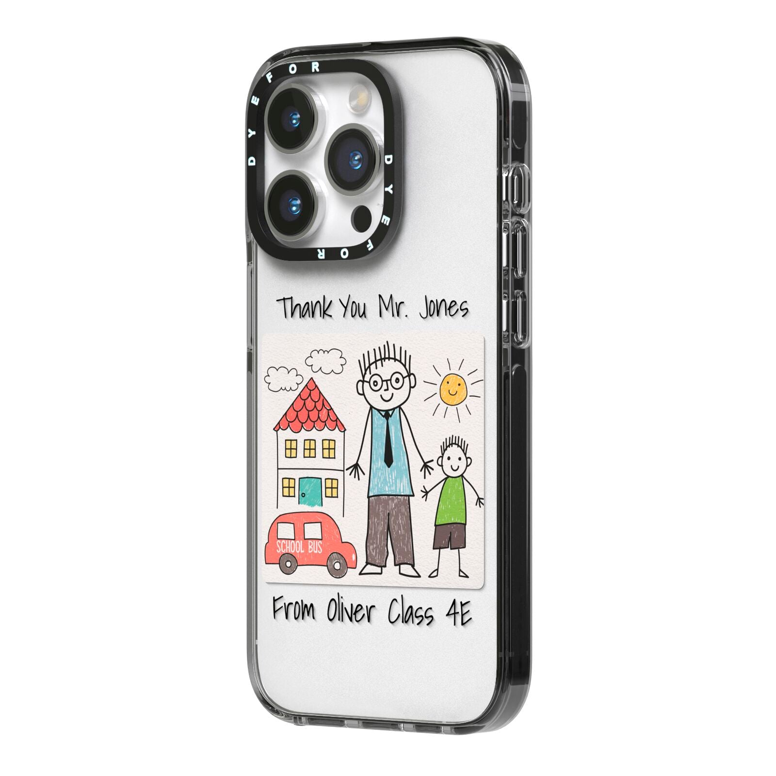 Personalised Kids Drawing Thank You Teacher iPhone 14 Pro Black Impact Case Side Angle on Silver phone