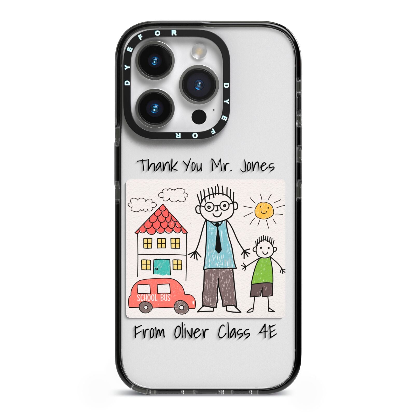 Personalised Kids Drawing Thank You Teacher iPhone 14 Pro Black Impact Case on Silver phone