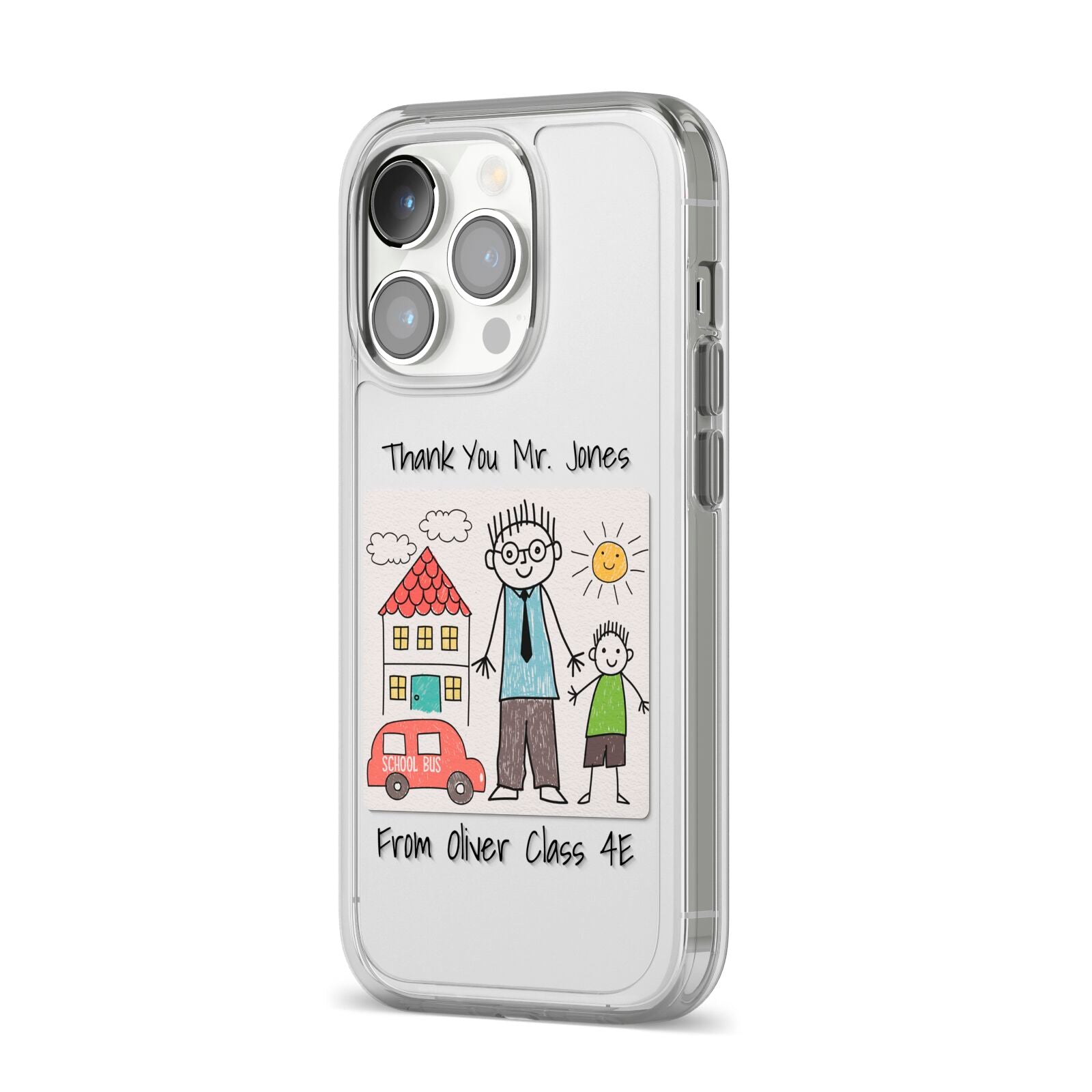 Personalised Kids Drawing Thank You Teacher iPhone 14 Pro Clear Tough Case Silver Angled Image