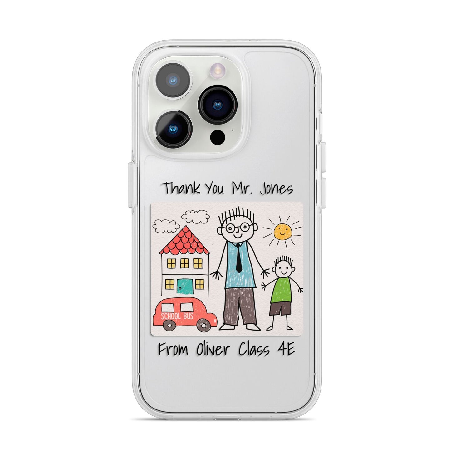 Personalised Kids Drawing Thank You Teacher iPhone 14 Pro Clear Tough Case Silver