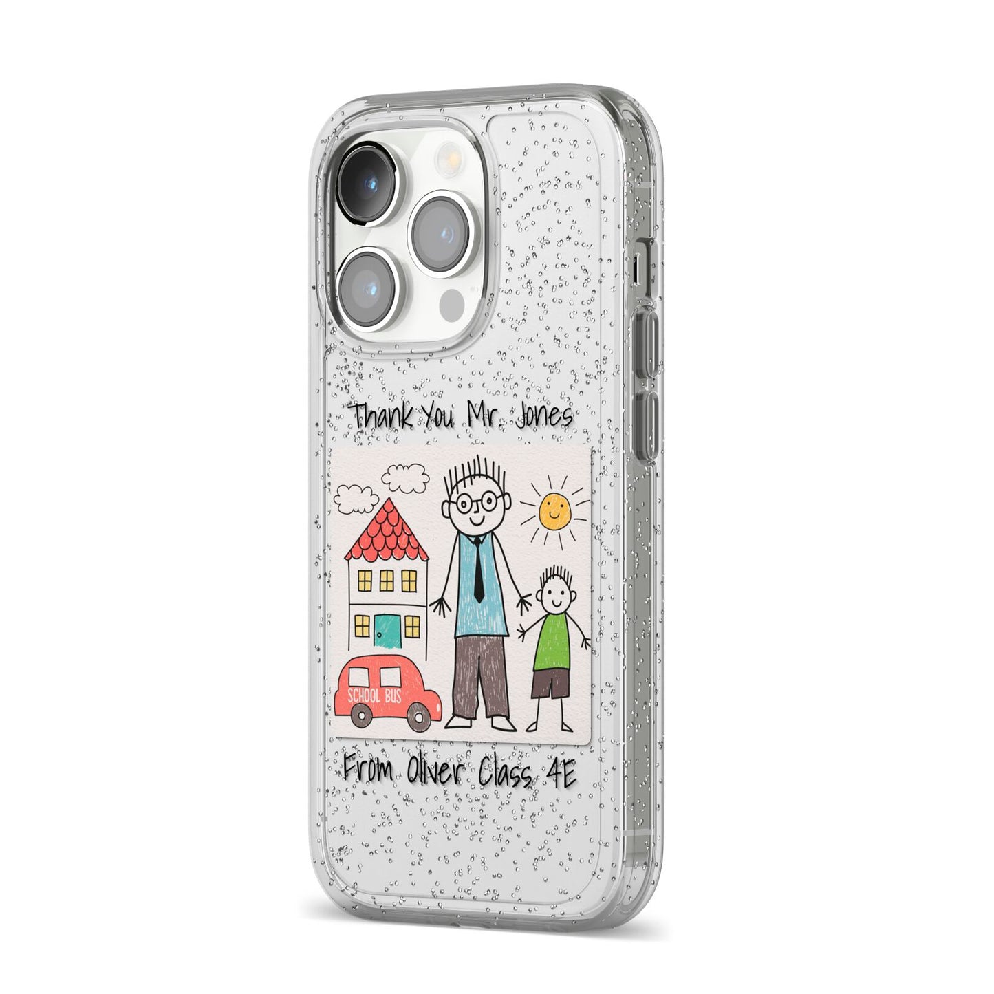 Personalised Kids Drawing Thank You Teacher iPhone 14 Pro Glitter Tough Case Silver Angled Image