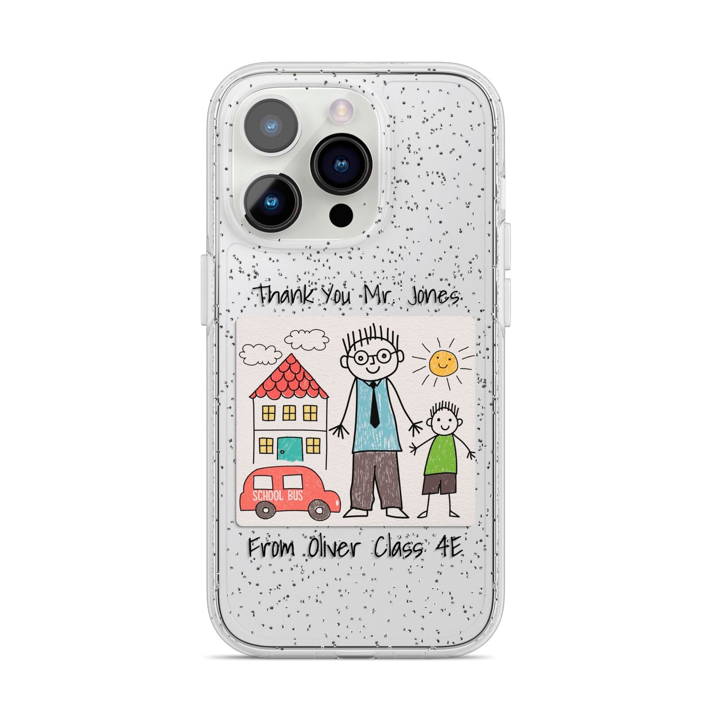 Personalised Kids Drawing Thank You Teacher iPhone 14 Pro Glitter Tough Case Silver