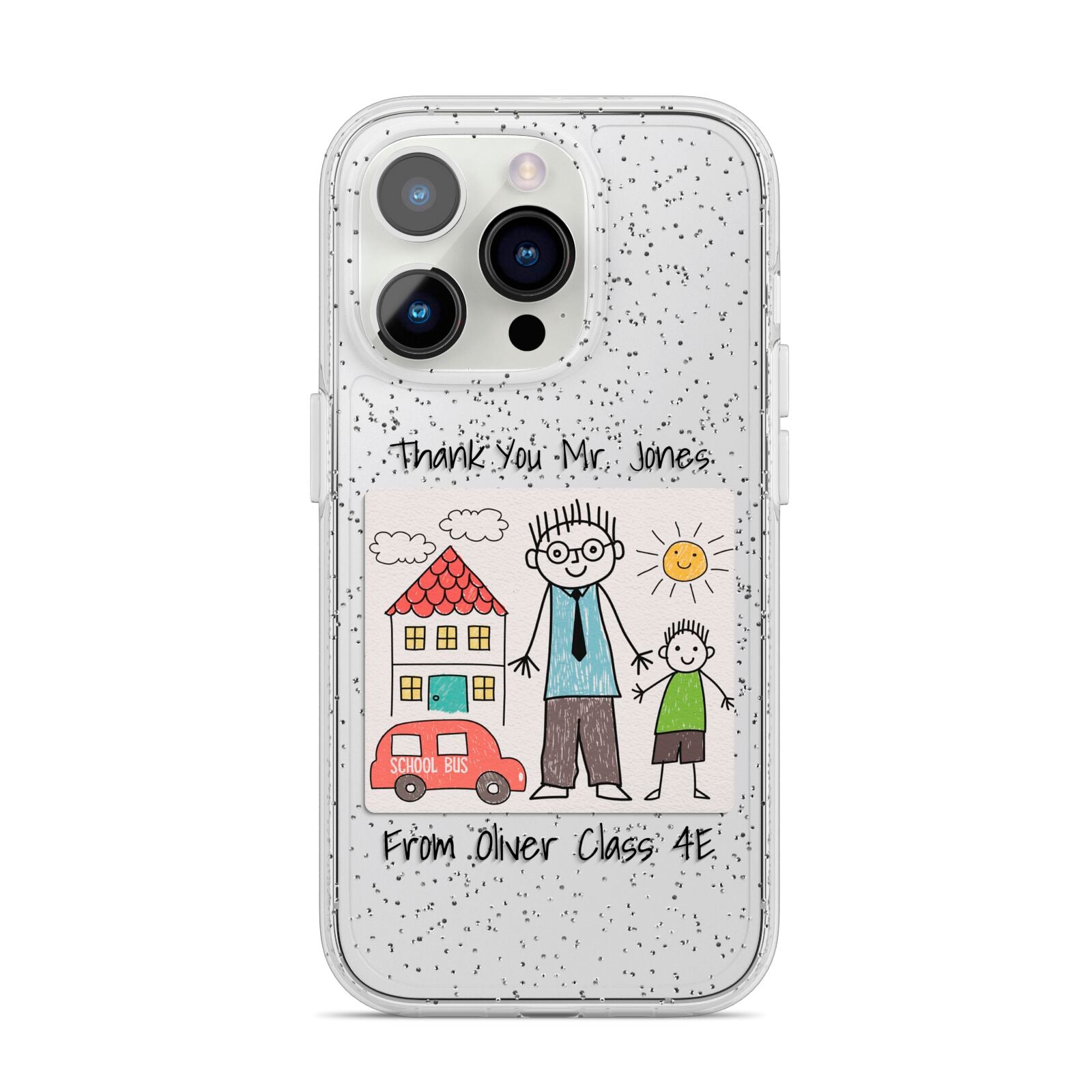 Personalised Kids Drawing Thank You Teacher iPhone 14 Pro Glitter Tough Case Silver