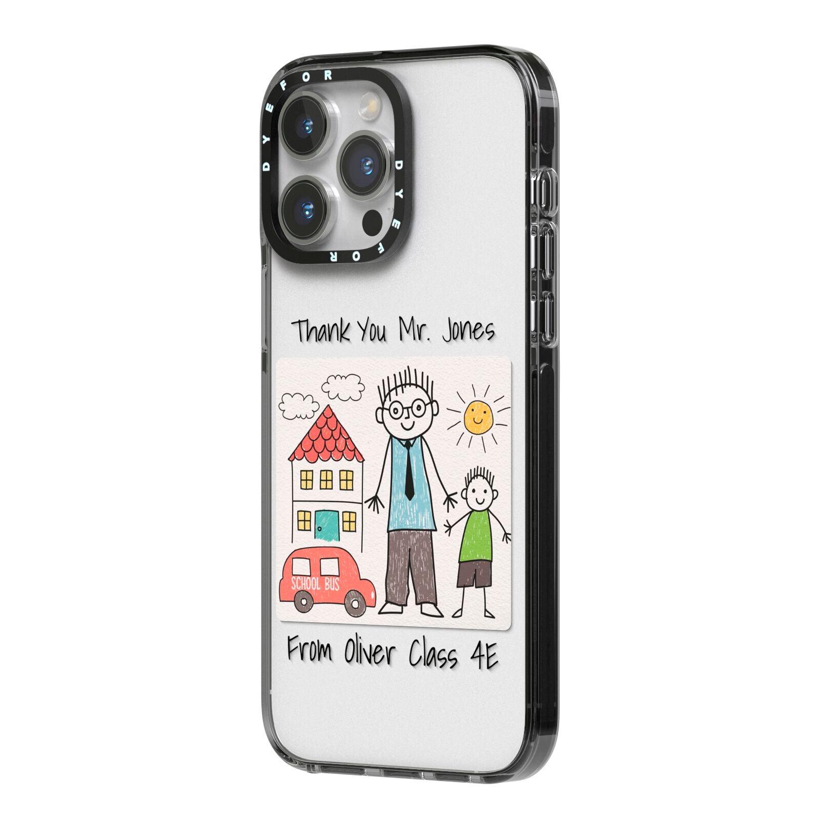 Personalised Kids Drawing Thank You Teacher iPhone 14 Pro Max Black Impact Case Side Angle on Silver phone