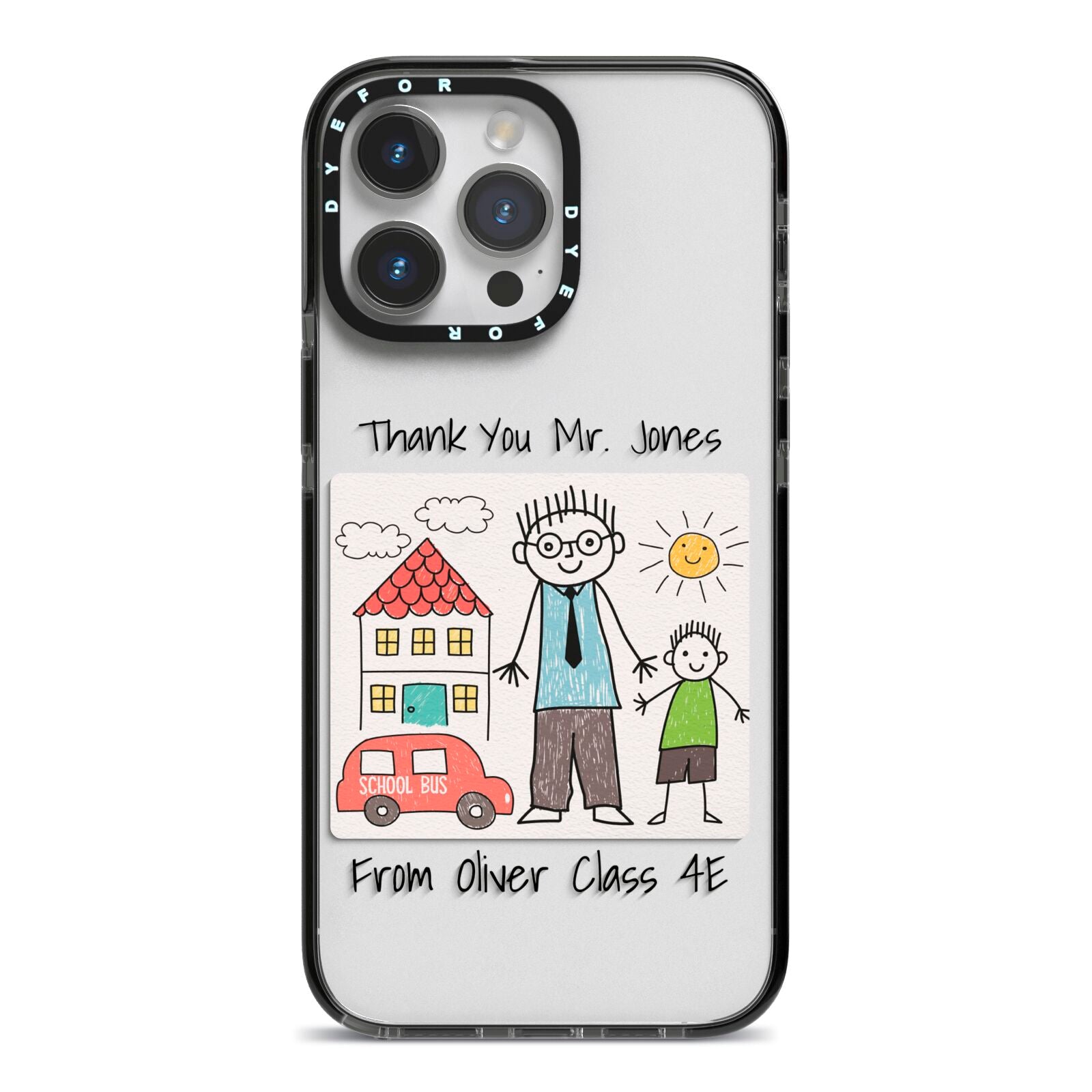 Personalised Kids Drawing Thank You Teacher iPhone 14 Pro Max Black Impact Case on Silver phone