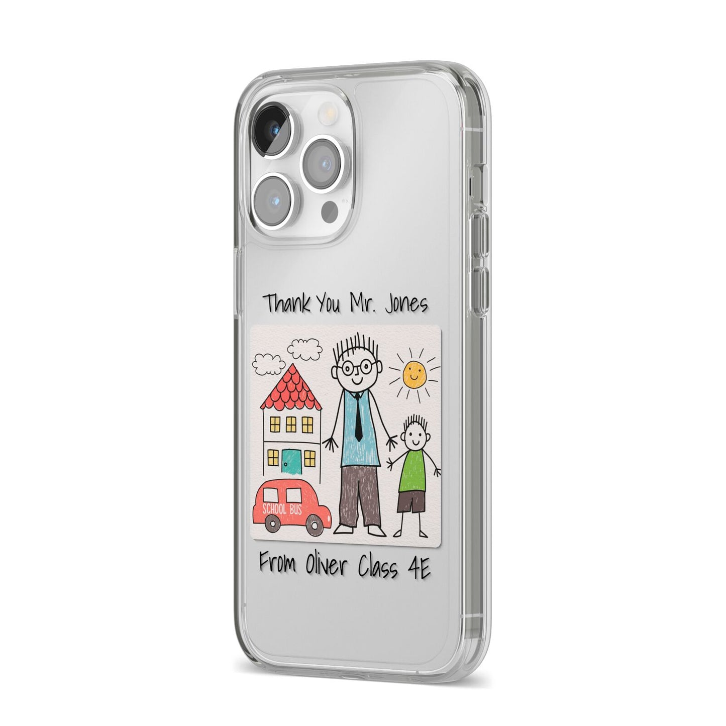 Personalised Kids Drawing Thank You Teacher iPhone 14 Pro Max Clear Tough Case Silver Angled Image