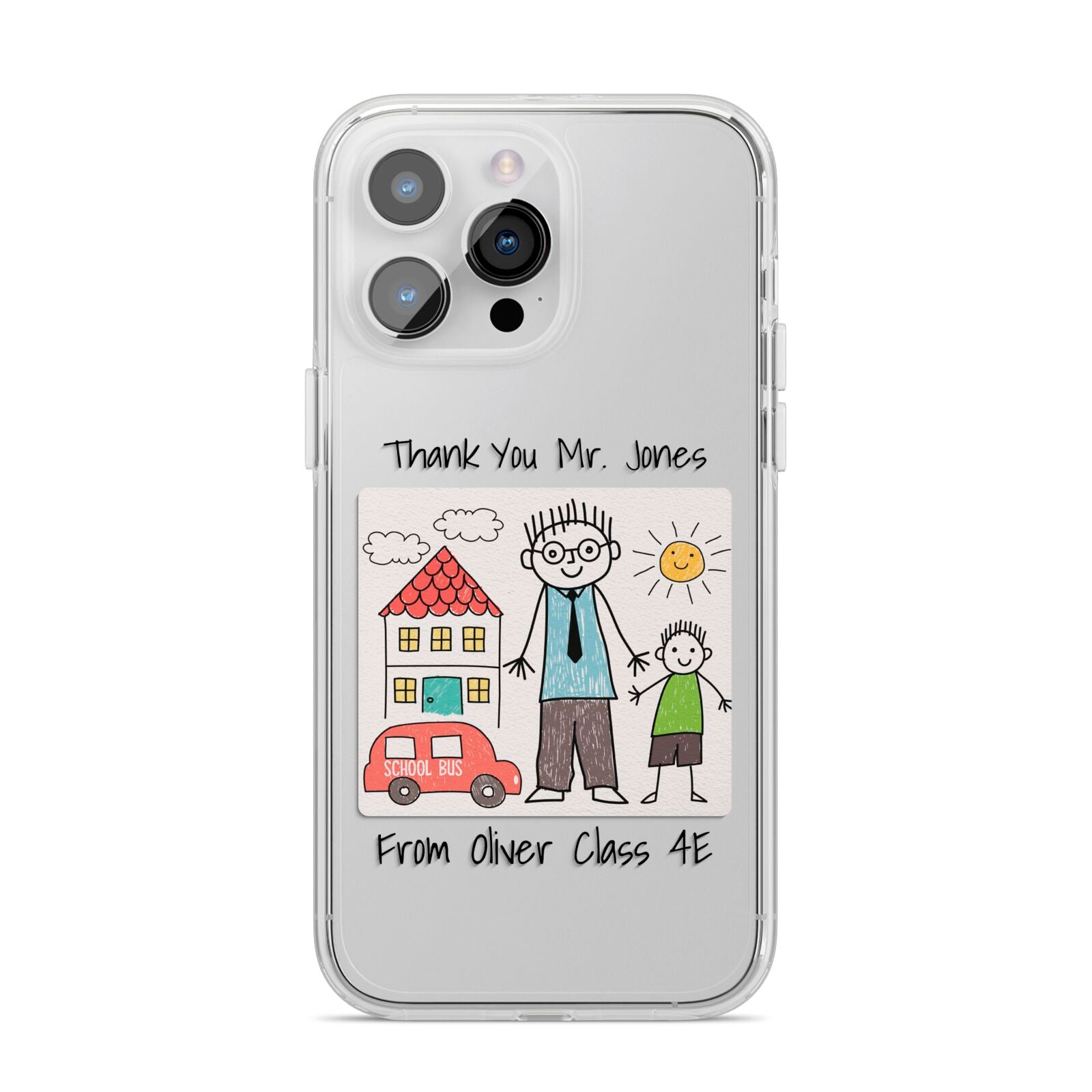 Personalised Kids Drawing Thank You Teacher iPhone 14 Pro Max Clear Tough Case Silver