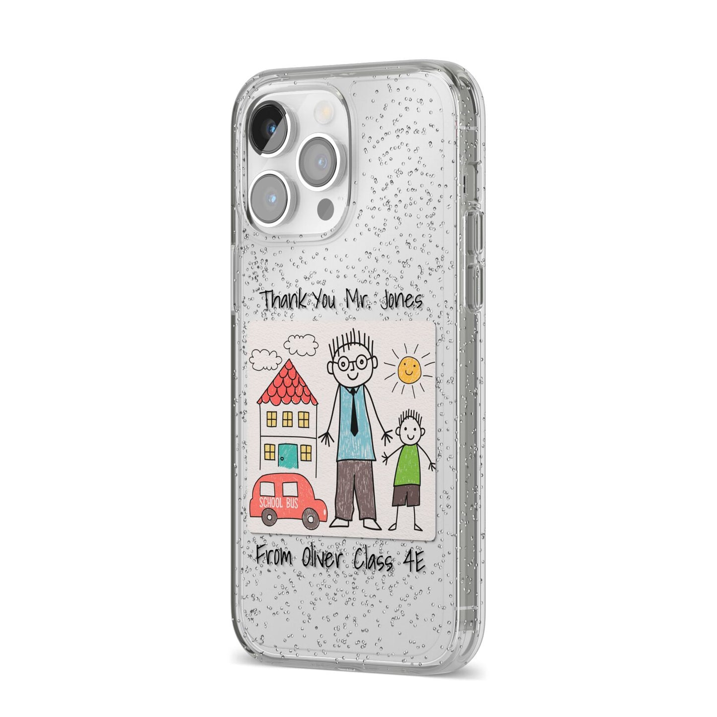 Personalised Kids Drawing Thank You Teacher iPhone 14 Pro Max Glitter Tough Case Silver Angled Image