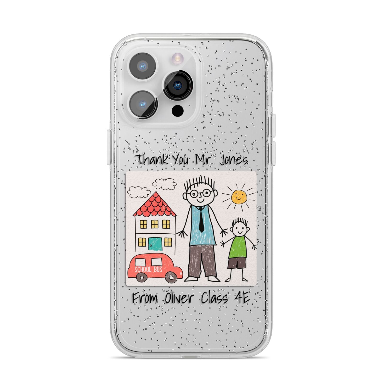 Personalised Kids Drawing Thank You Teacher iPhone 14 Pro Max Glitter Tough Case Silver