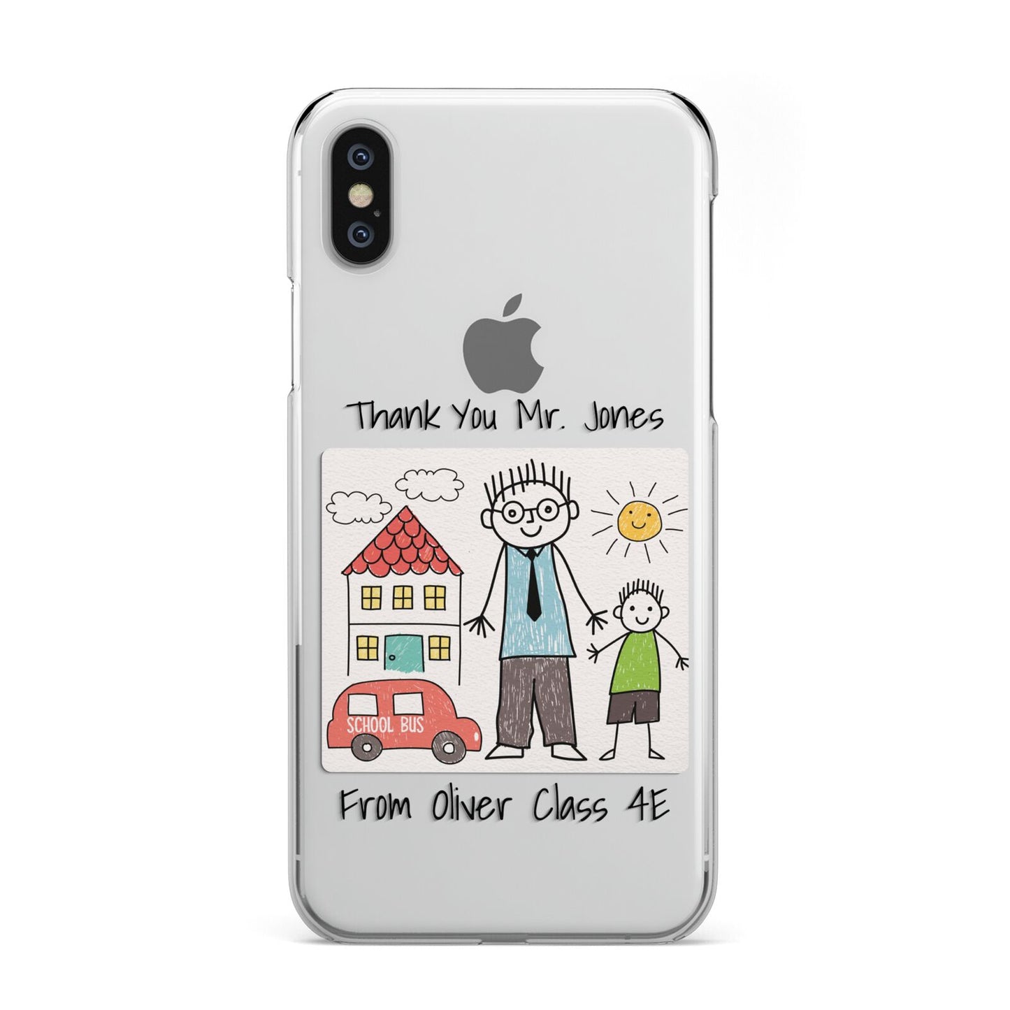 Personalised Kids Drawing Thank You Teacher iPhone Xs 2D Snap on Silver Phone