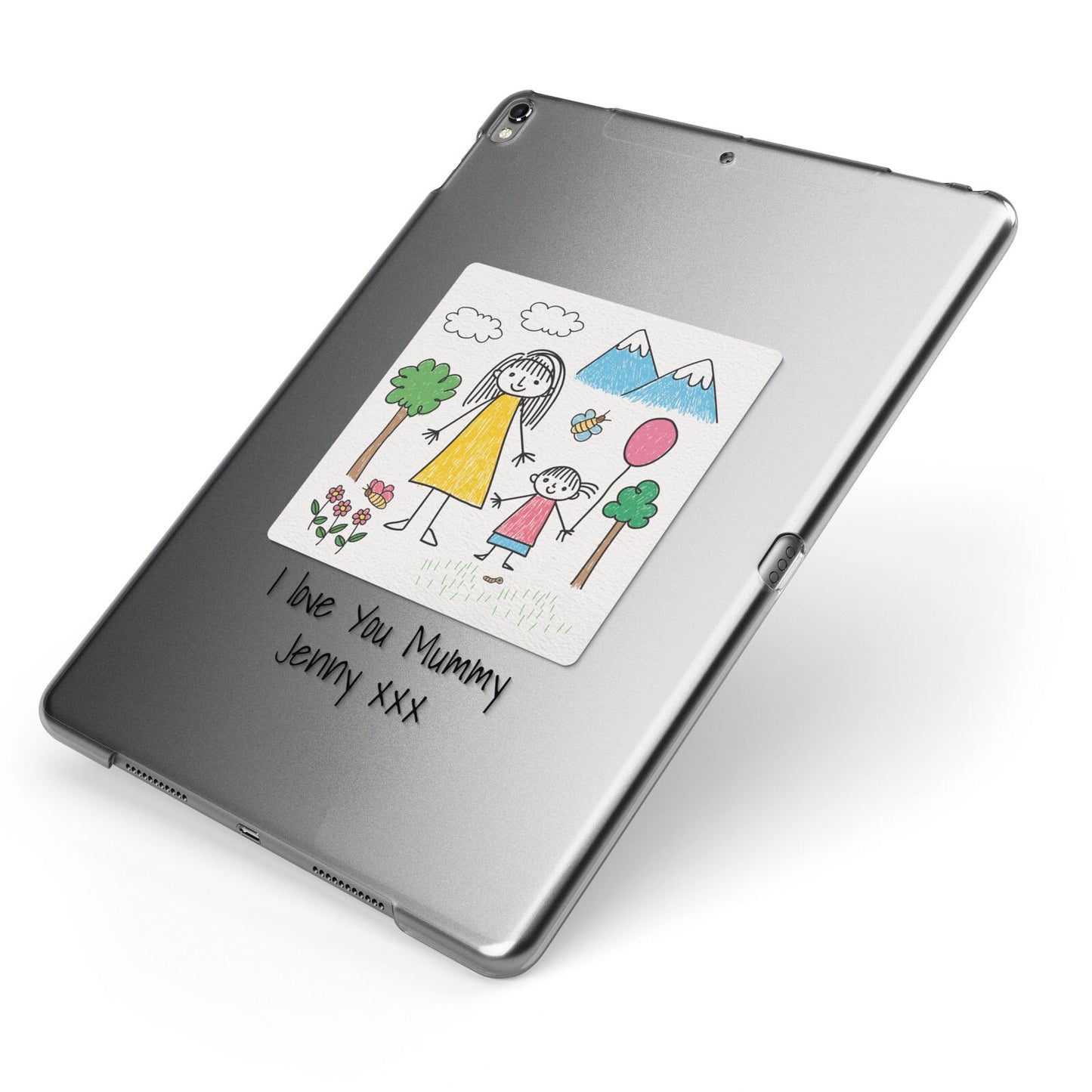 Personalised Kids Drawing Upload Apple iPad Case on Grey iPad Side View