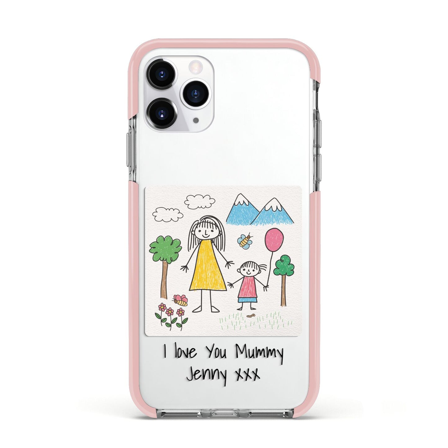 Personalised Kids Drawing Upload Apple iPhone 11 Pro in Silver with Pink Impact Case