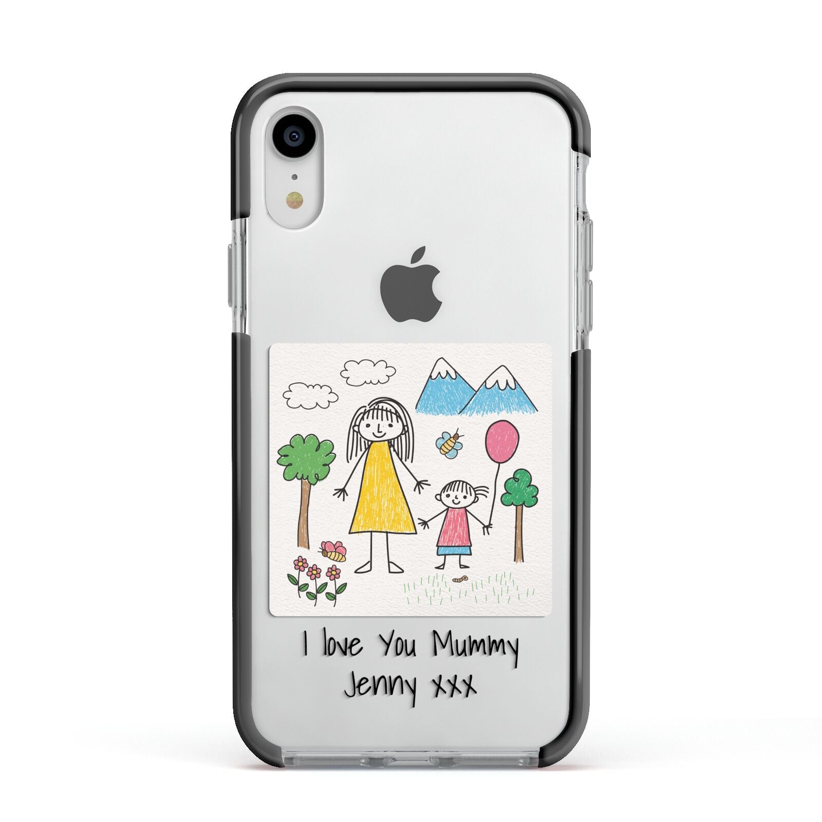 Personalised Kids Drawing Upload Apple iPhone XR Impact Case Black Edge on Silver Phone