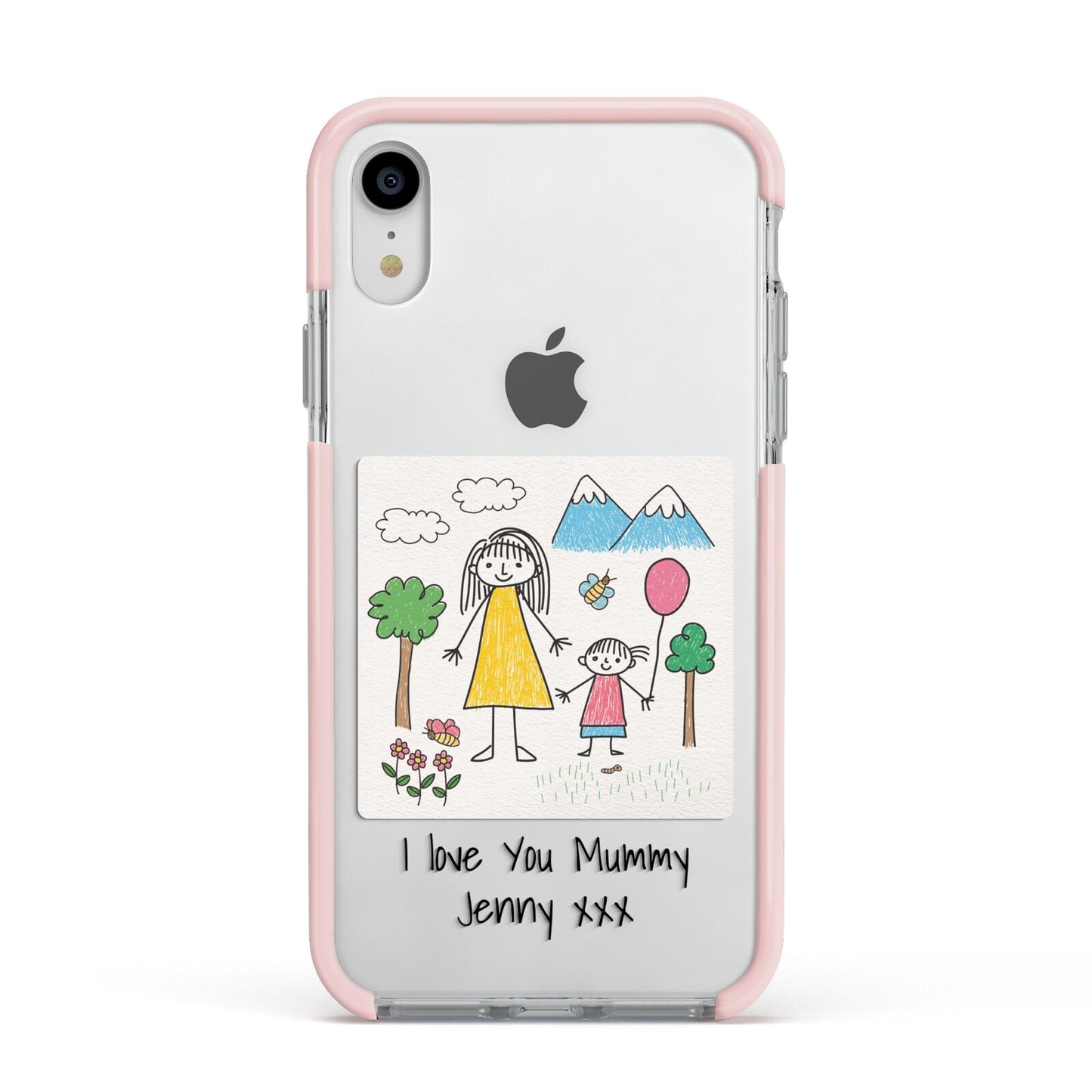 Personalised Kids Drawing Upload Apple iPhone XR Impact Case Pink Edge on Silver Phone