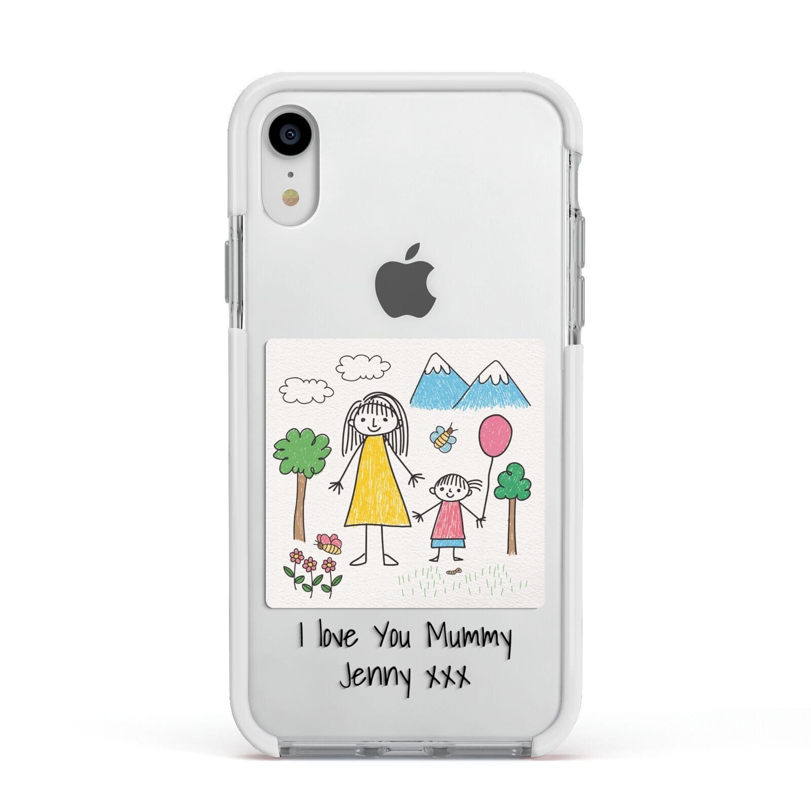 Personalised Kids Drawing Upload Apple iPhone XR Impact Case White Edge on Silver Phone