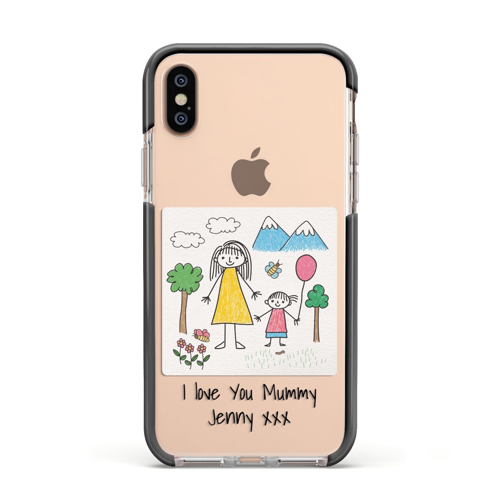 Personalised Kids Drawing Upload Apple iPhone Xs Impact Case Black Edge on Gold Phone