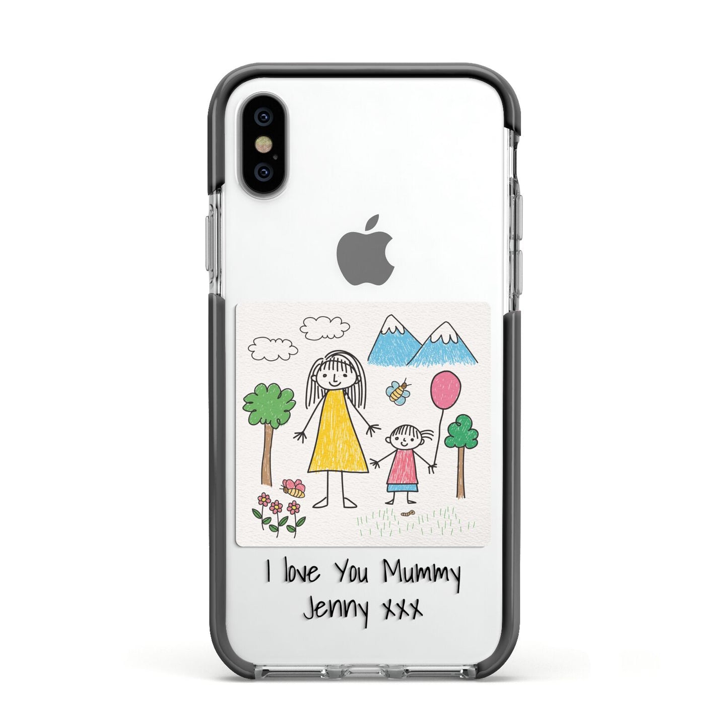 Personalised Kids Drawing Upload Apple iPhone Xs Impact Case Black Edge on Silver Phone