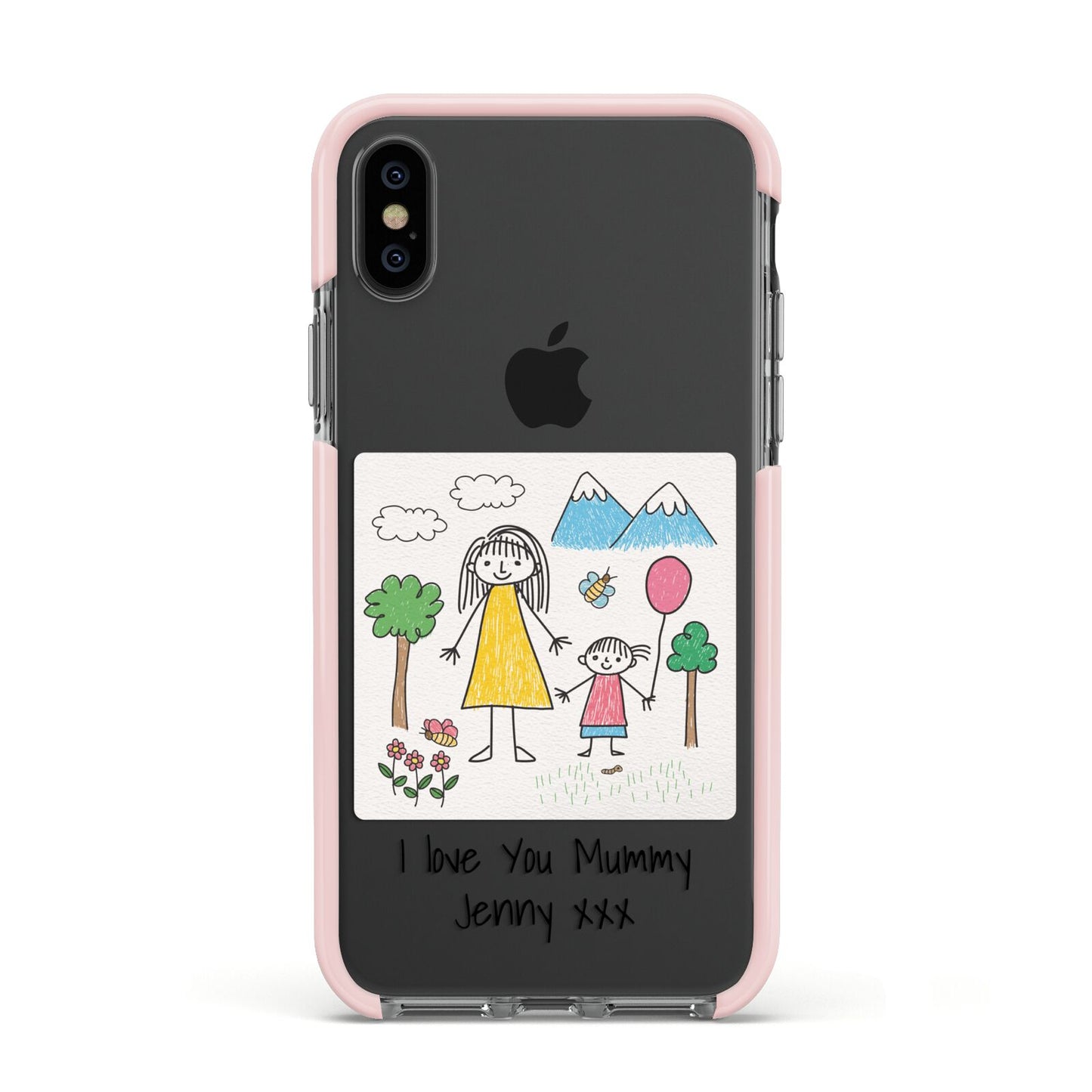 Personalised Kids Drawing Upload Apple iPhone Xs Impact Case Pink Edge on Black Phone