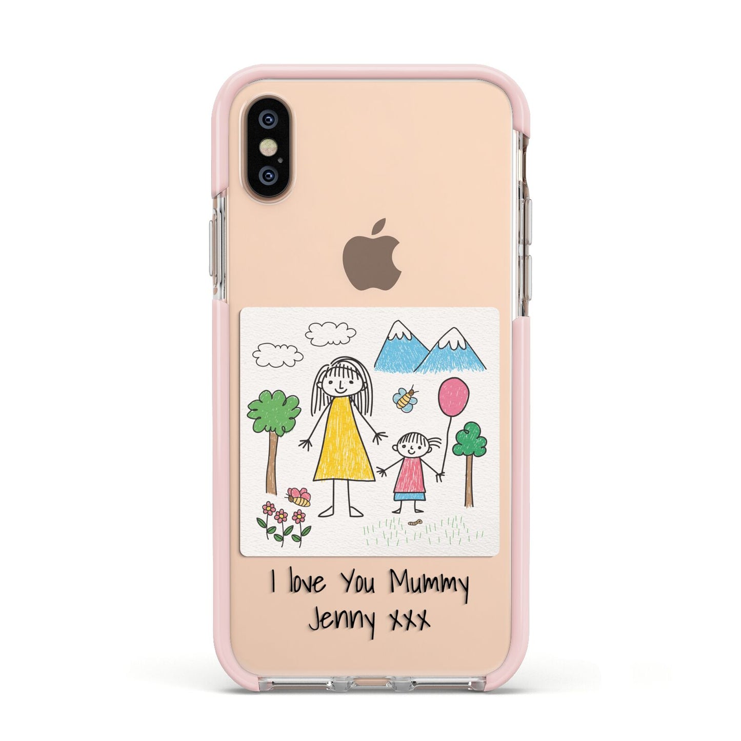 Personalised Kids Drawing Upload Apple iPhone Xs Impact Case Pink Edge on Gold Phone