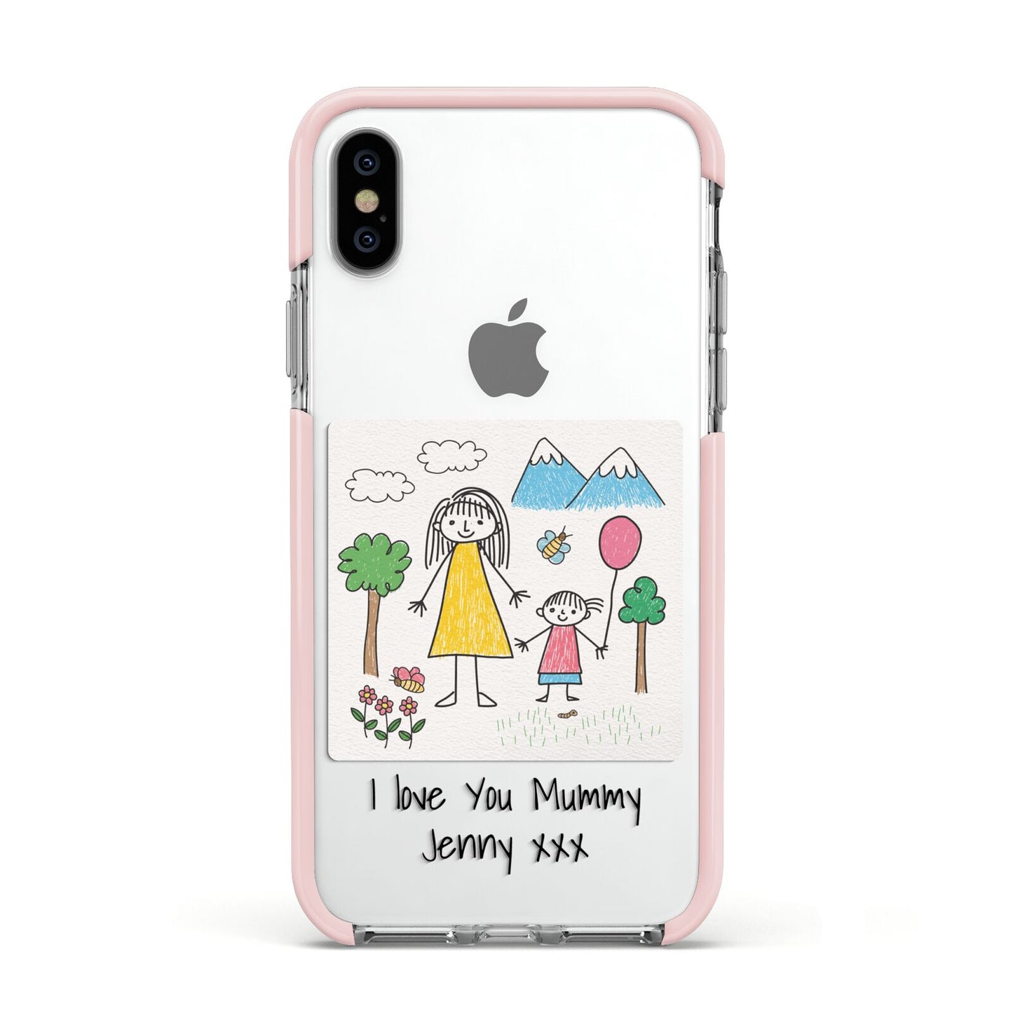 Personalised Kids Drawing Upload Apple iPhone Xs Impact Case Pink Edge on Silver Phone