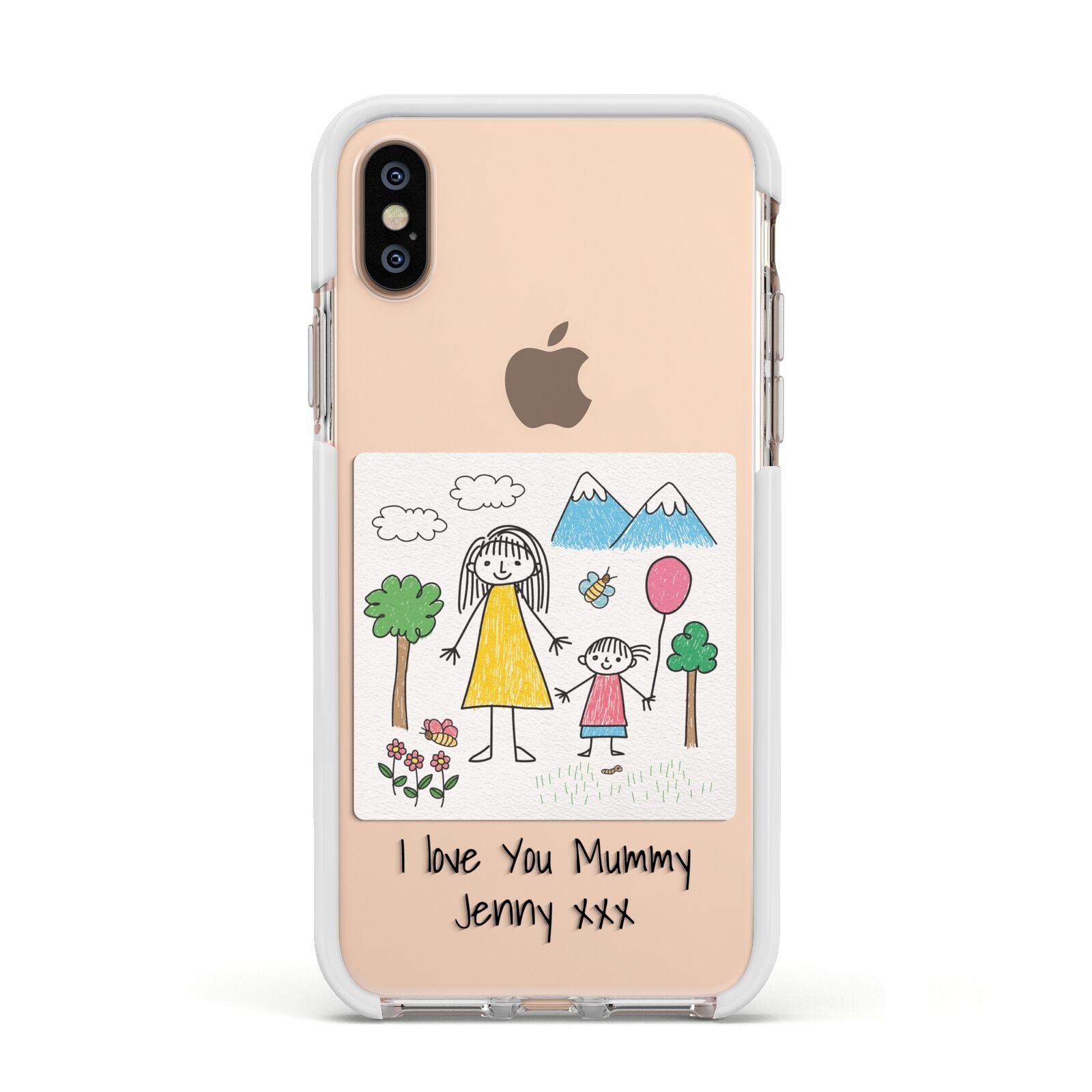 Personalised Kids Drawing Upload Apple iPhone Xs Impact Case White Edge on Gold Phone