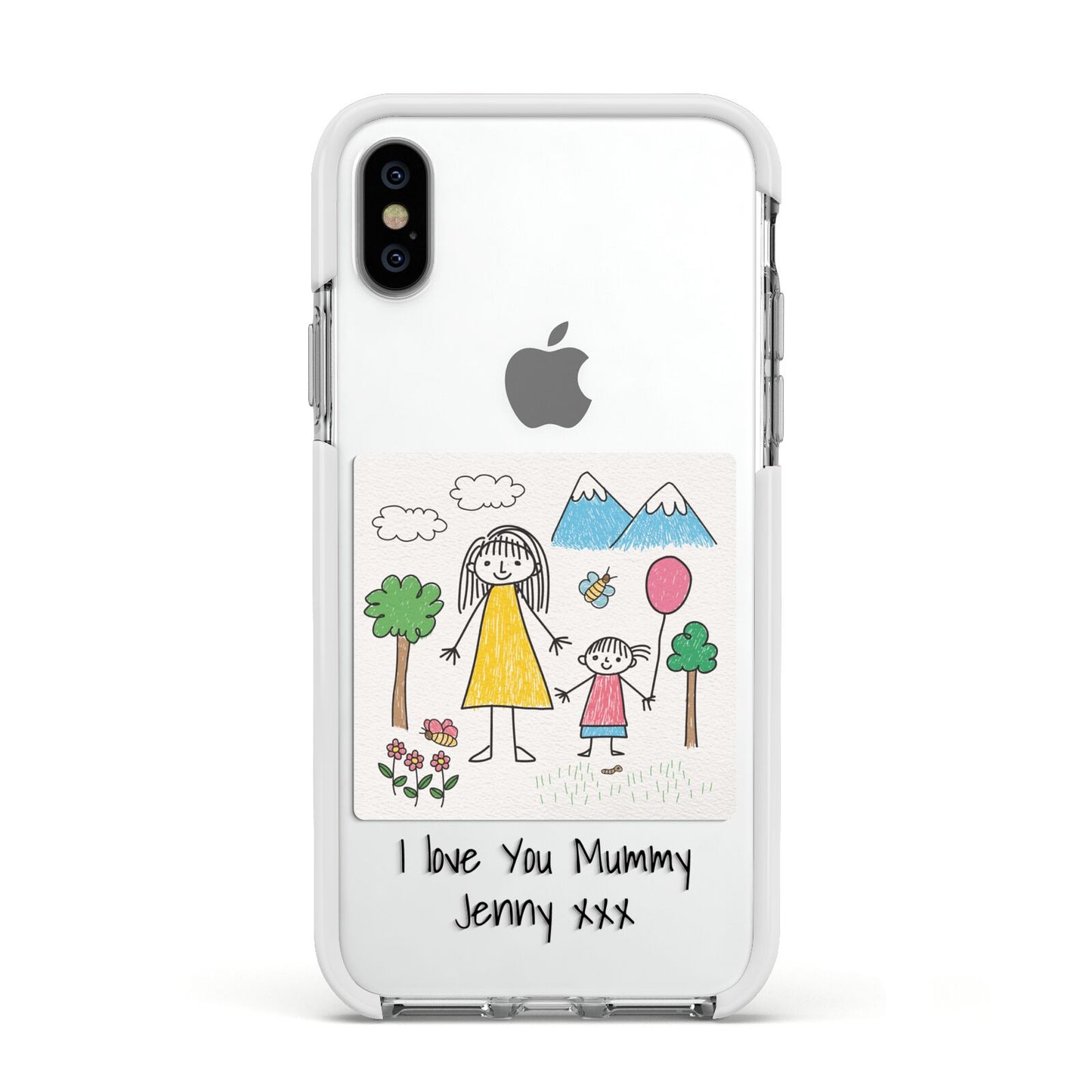 Personalised Kids Drawing Upload Apple iPhone Xs Impact Case White Edge on Silver Phone