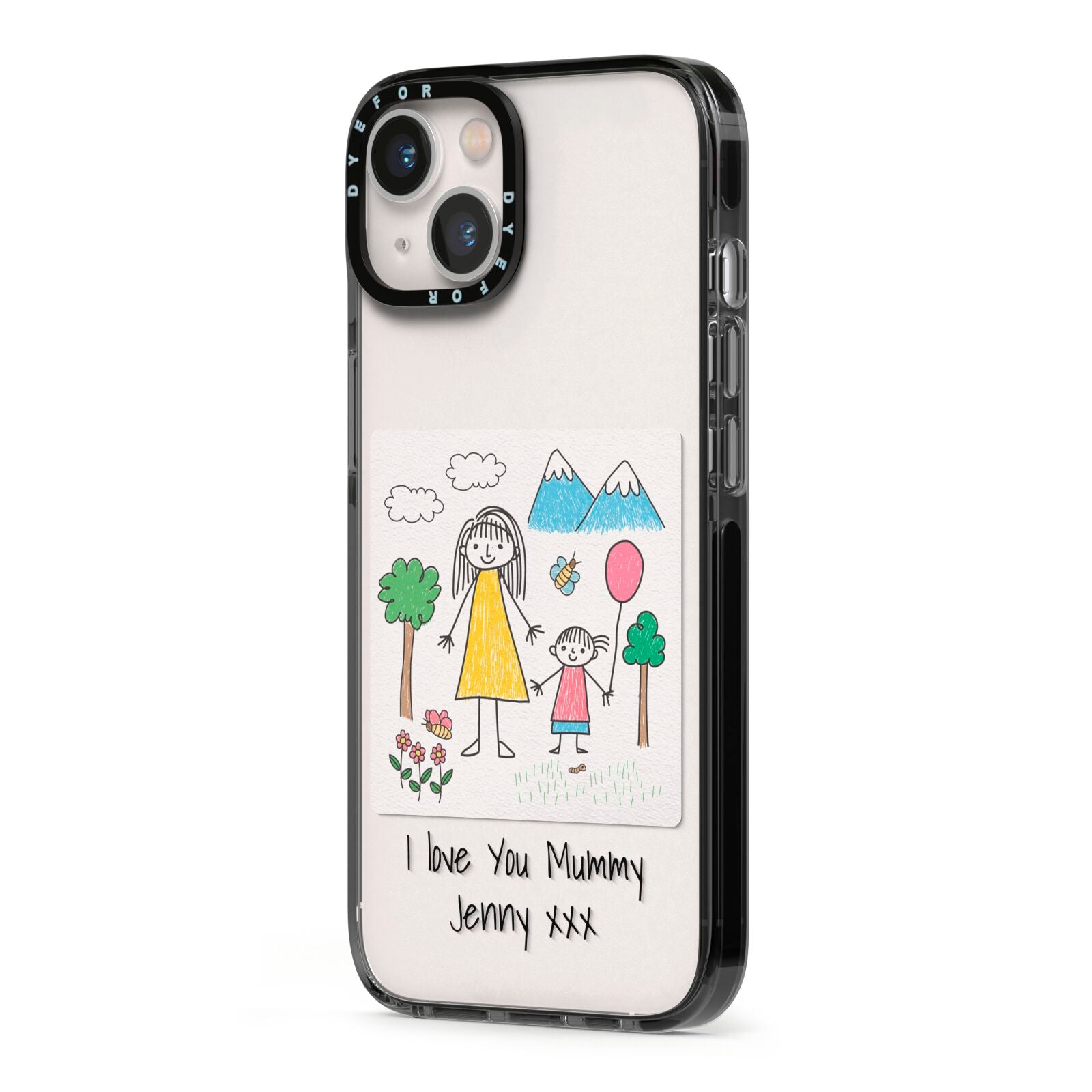 Personalised Kids Drawing Upload iPhone 13 Black Impact Case Side Angle on Silver phone