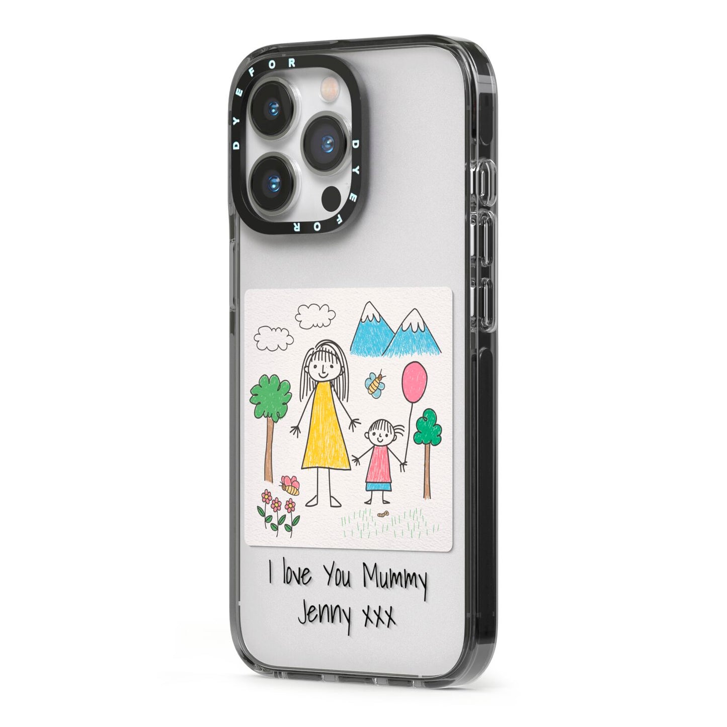 Personalised Kids Drawing Upload iPhone 13 Pro Black Impact Case Side Angle on Silver phone